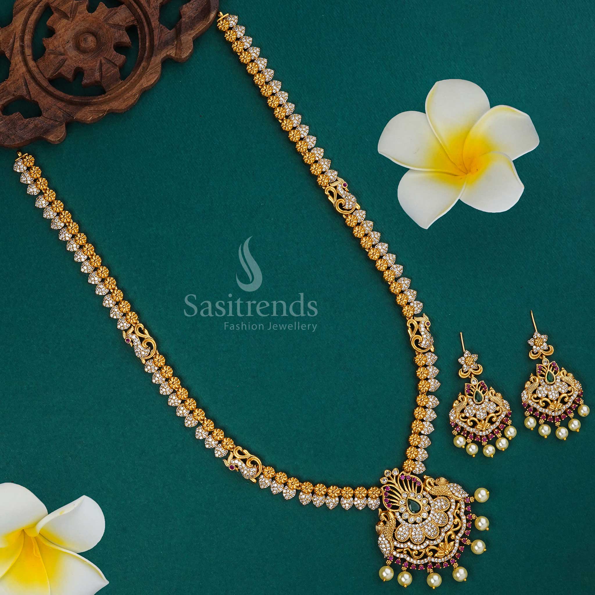 Bridal Traditional Multi Colour Temple Matte Gold Finish Long Haram Necklace Jewellery Set | Sasitrends
