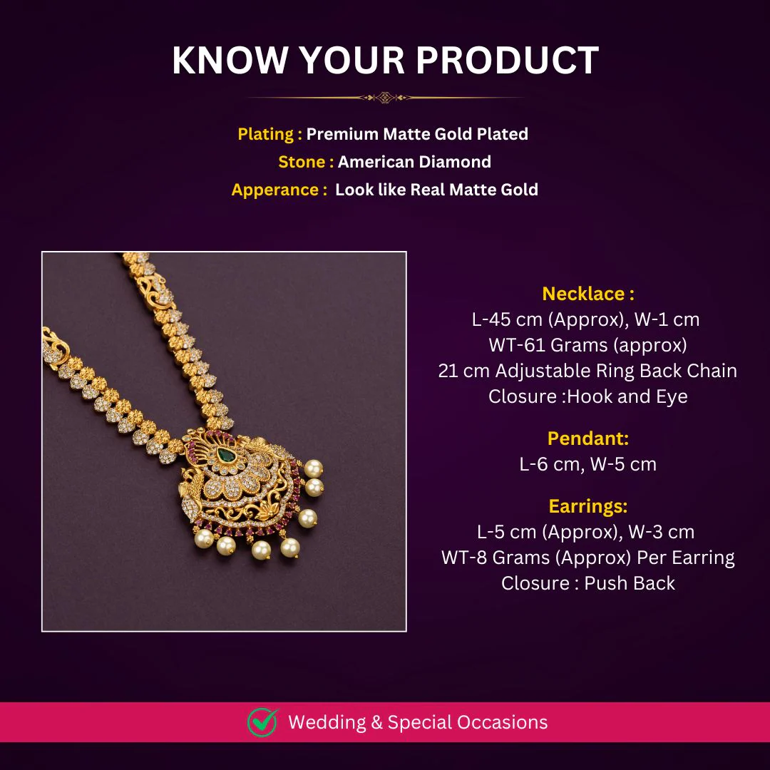 Bridal Traditional Multi Colour Temple Matte Gold Finish Long Haram Necklace Jewellery Set | Sasitrends - Image 3