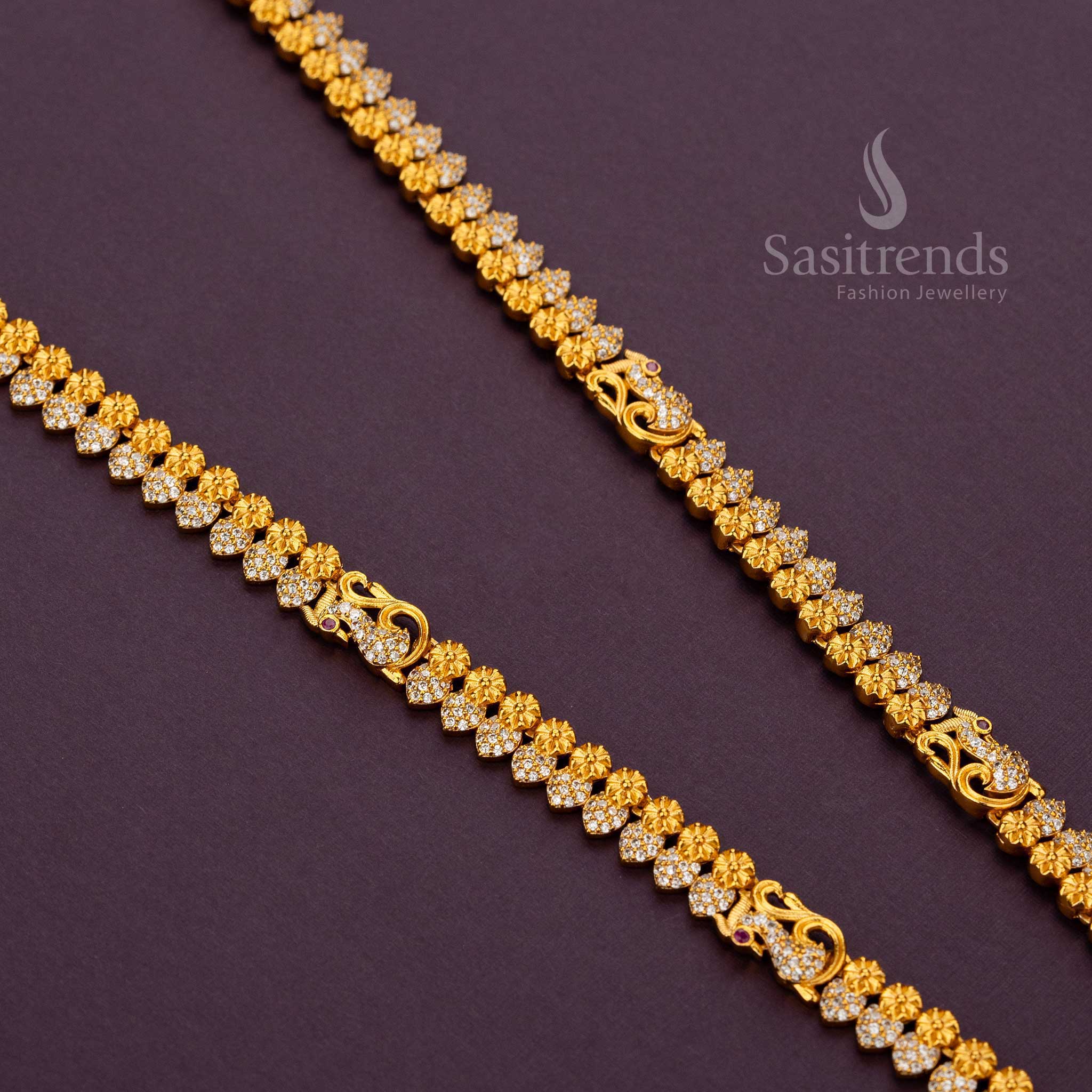 Bridal Traditional Multi Colour Temple Matte Gold Finish Long Haram Necklace Jewellery Set | Sasitrends - Image 4