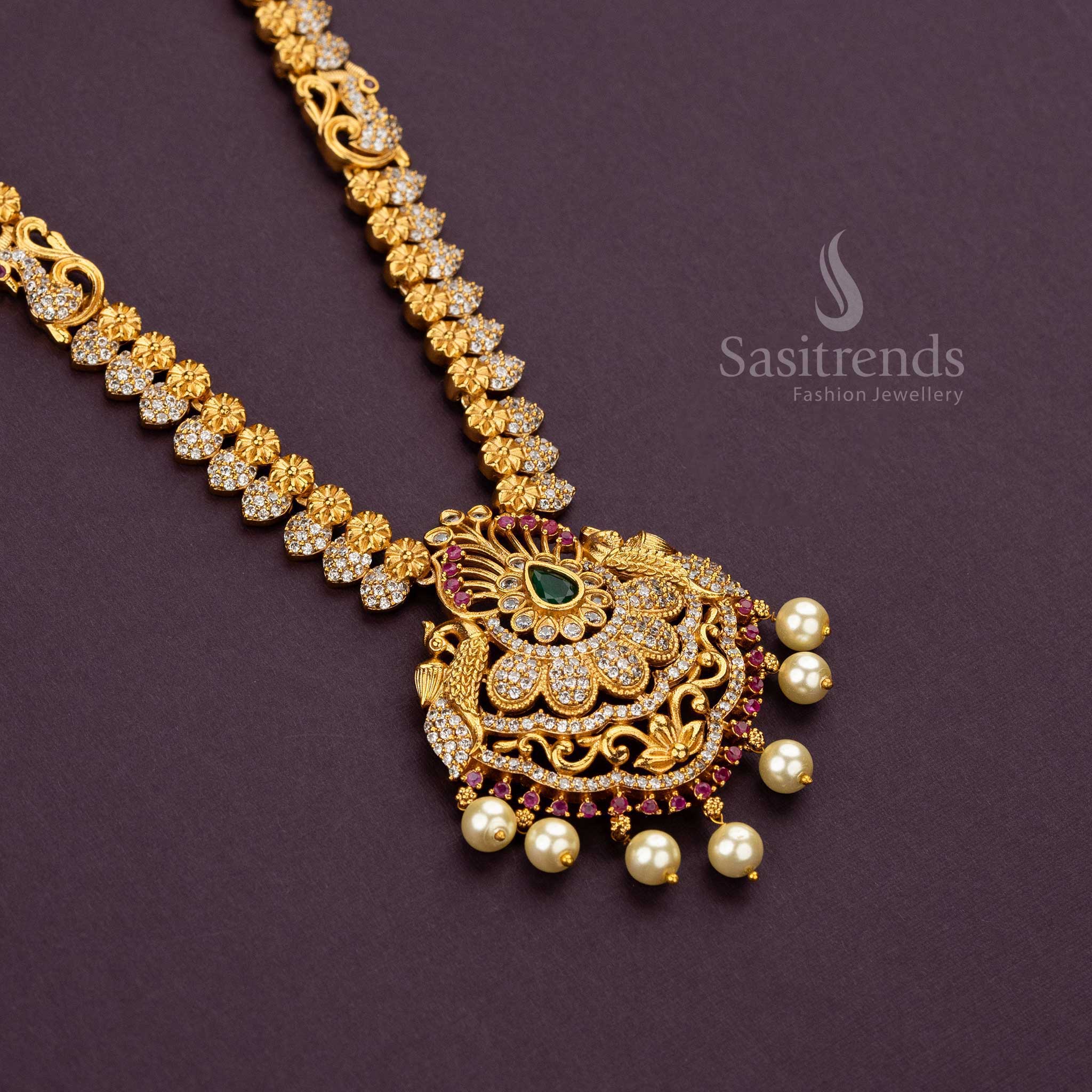 Bridal Traditional Multi Colour Temple Matte Gold Finish Long Haram Necklace Jewellery Set | Sasitrends - Image 5