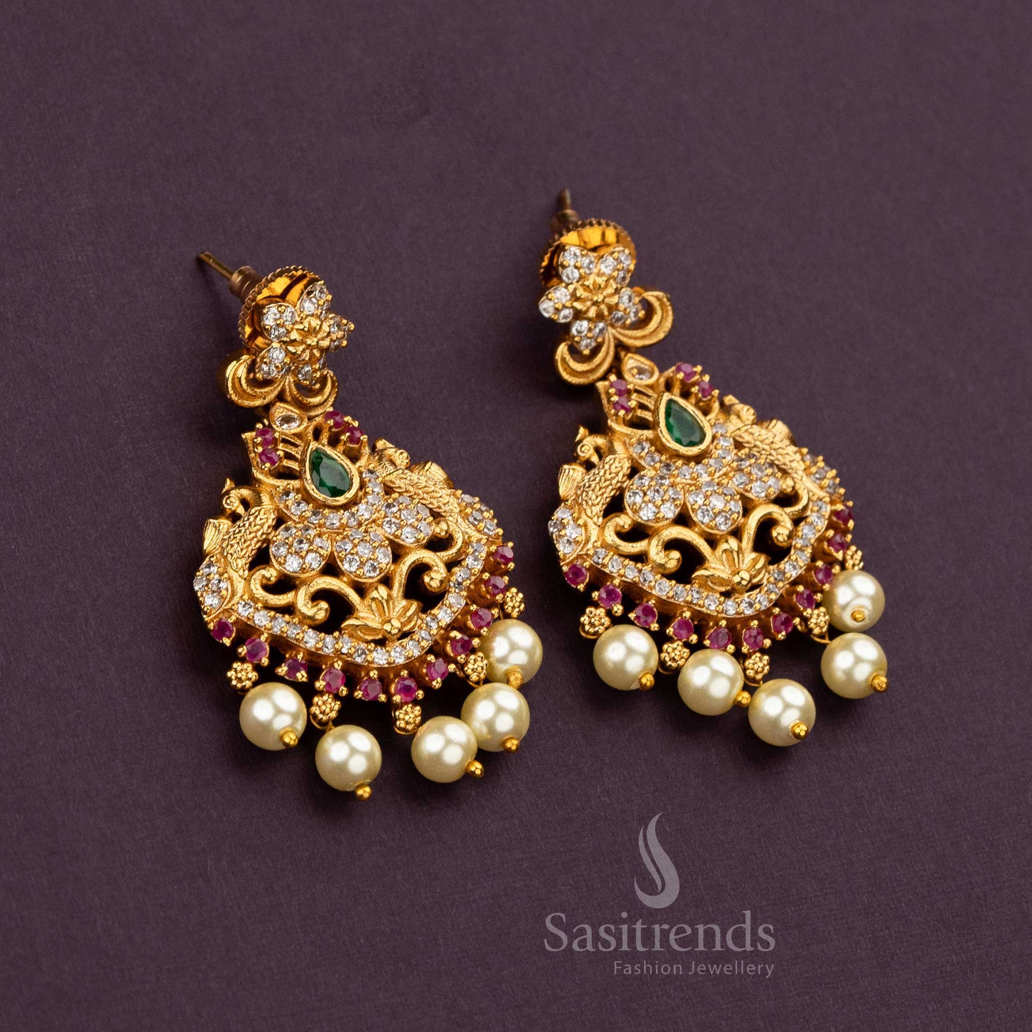 Bridal Traditional Multi Colour Temple Matte Gold Finish Long Haram Necklace Jewellery Set | Sasitrends - Image 6