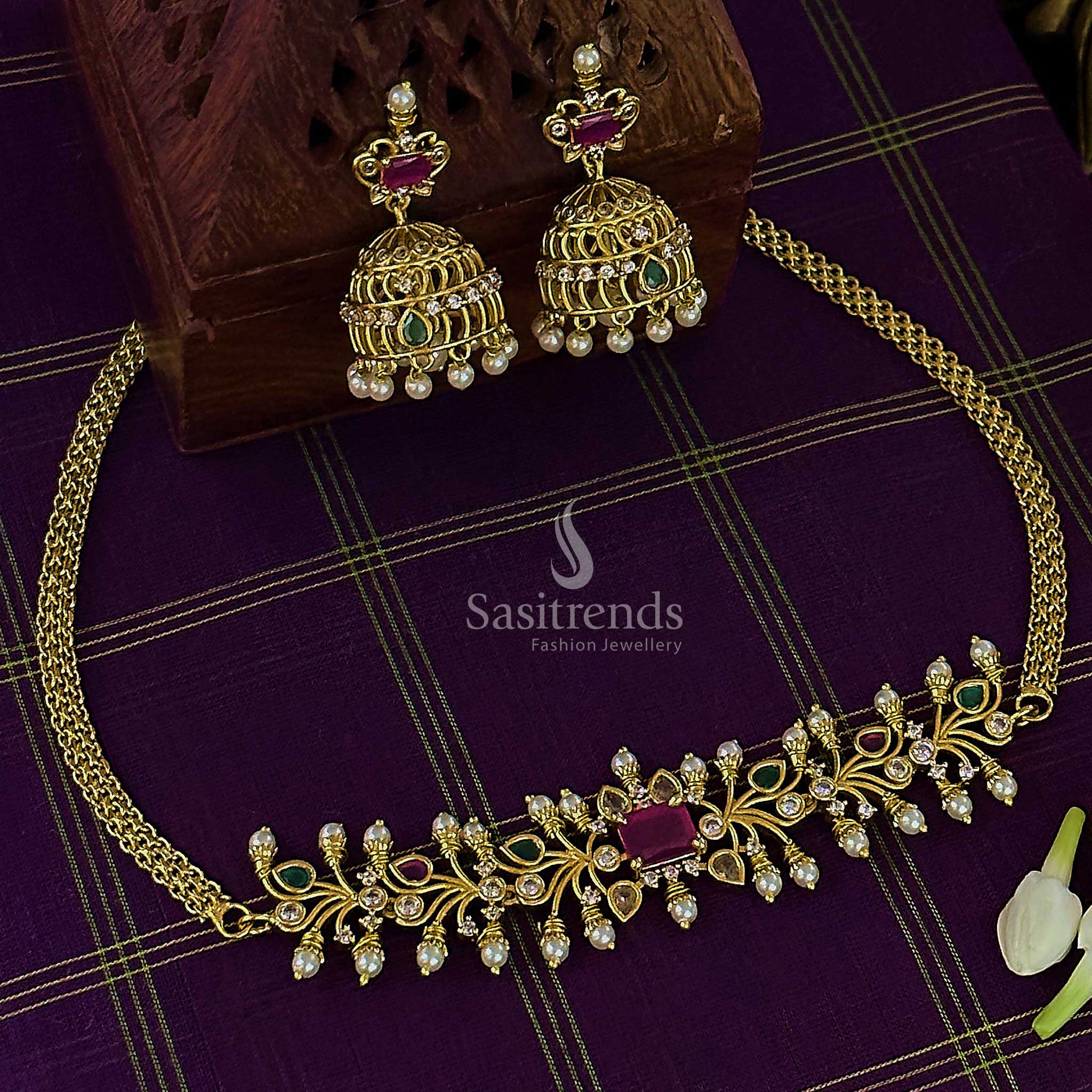 New Temple Matte Gold Plated Choker Pearl Necklace Jewellery Set with AD Stones and Pearl Jhumkas for Women | Sasitrends - Image 3