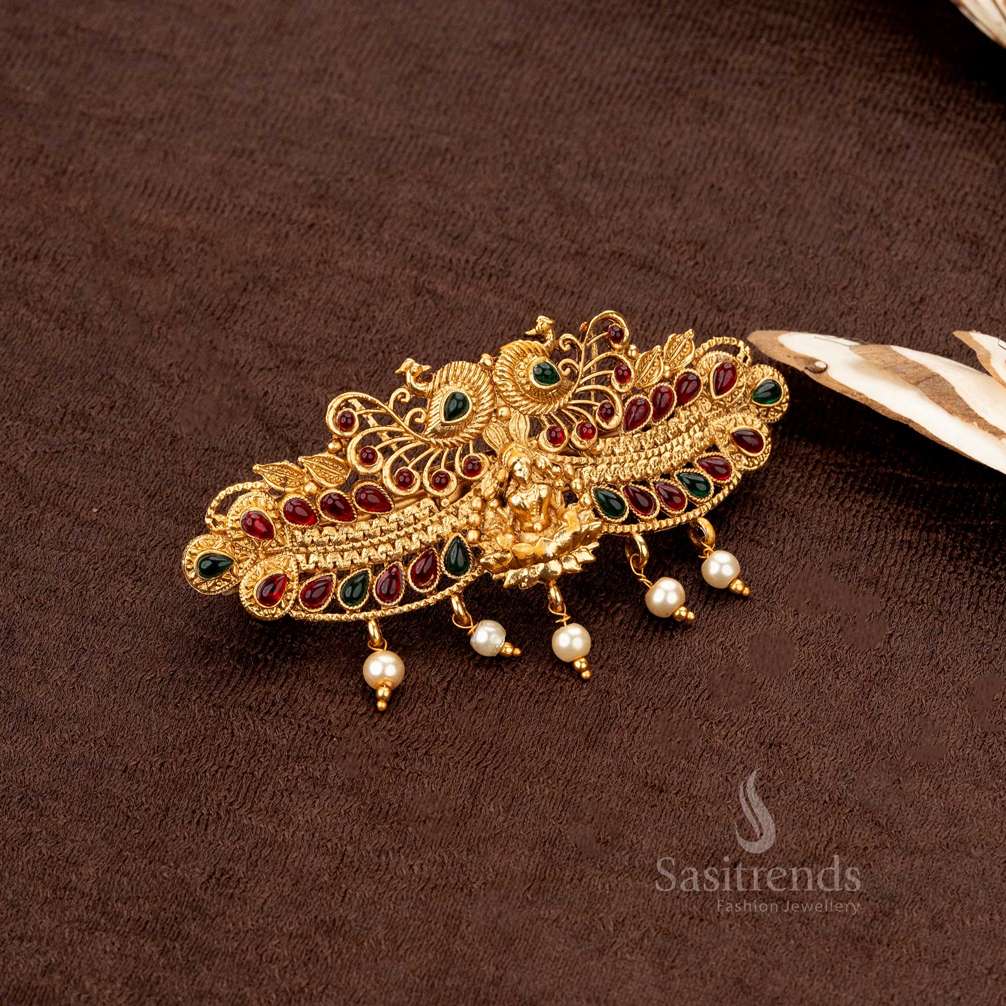 Gorgeous Classic Temple Matte Gold-Plated Lakshmi & Peacock Center Hair Clips Collection with Pearl Hangings - Sasitrends - Image 15