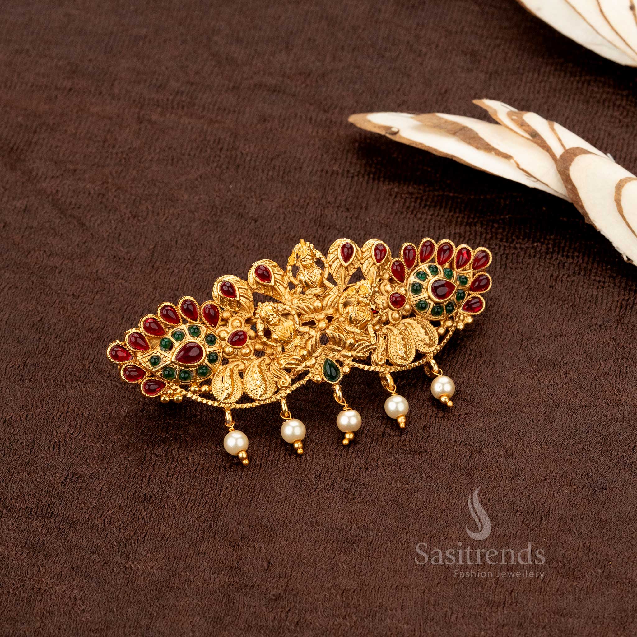 Gorgeous Classic Temple Matte Gold-Plated Lakshmi & Peacock Center Hair Clips Collection with Pearl Hangings - Sasitrends - Image 18