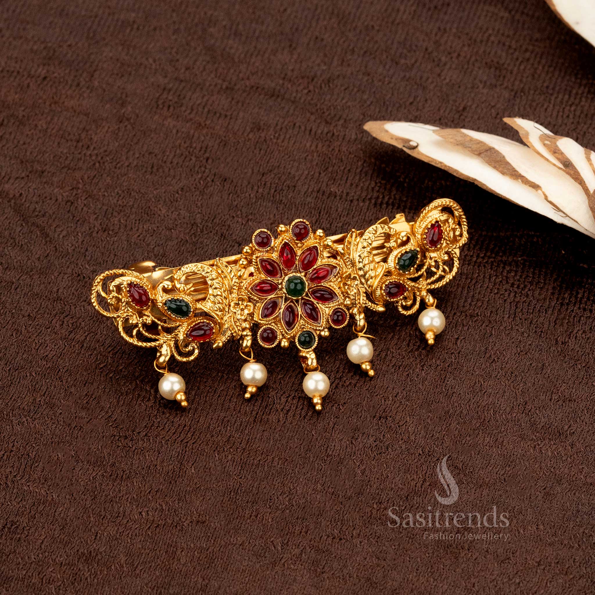 Gorgeous Classic Temple Matte Gold-Plated Lakshmi & Peacock Center Hair Clips Collection with Pearl Hangings - Sasitrends - Image 5