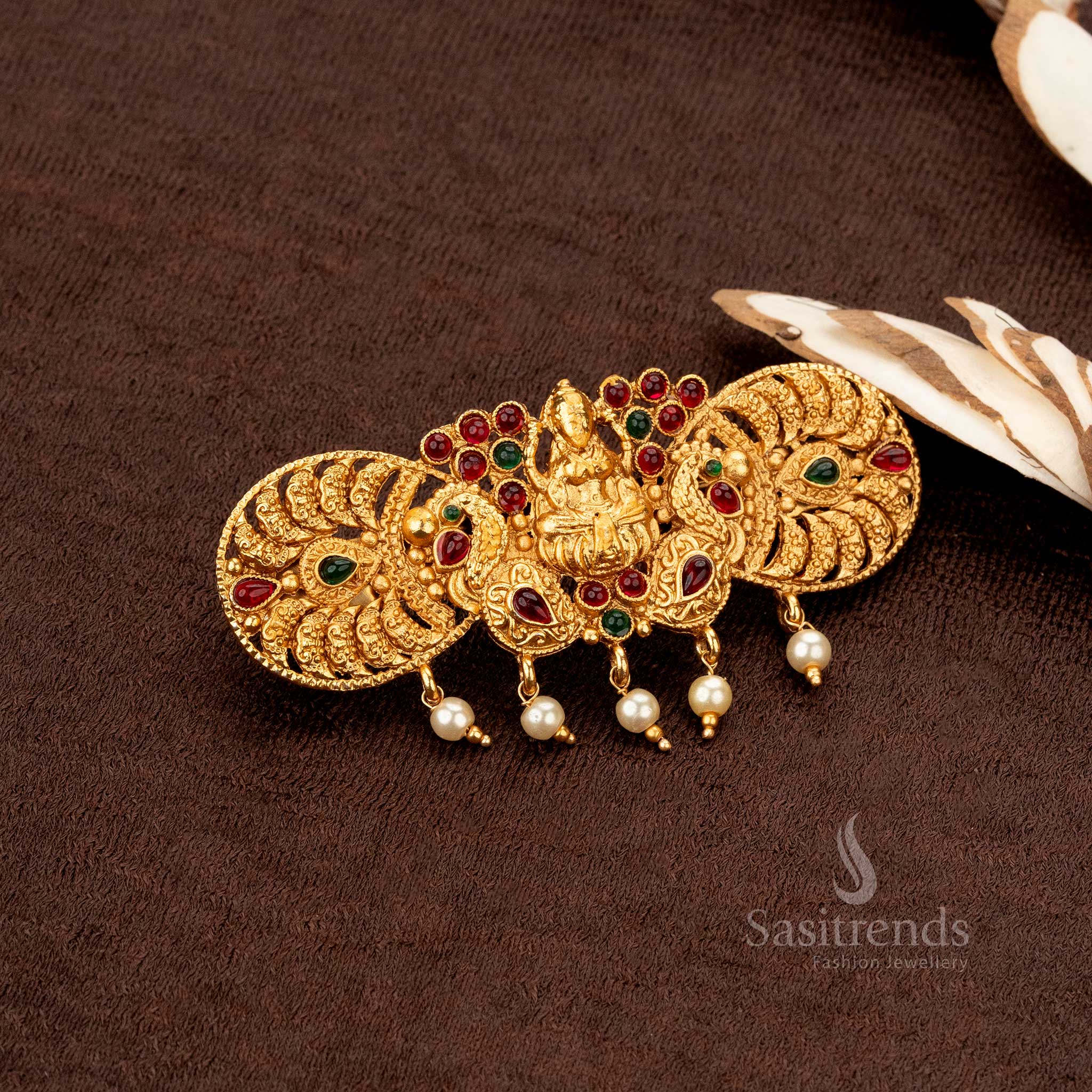 Gorgeous Classic Temple Matte Gold-Plated Lakshmi & Peacock Center Hair Clips Collection with Pearl Hangings - Sasitrends - Image 7
