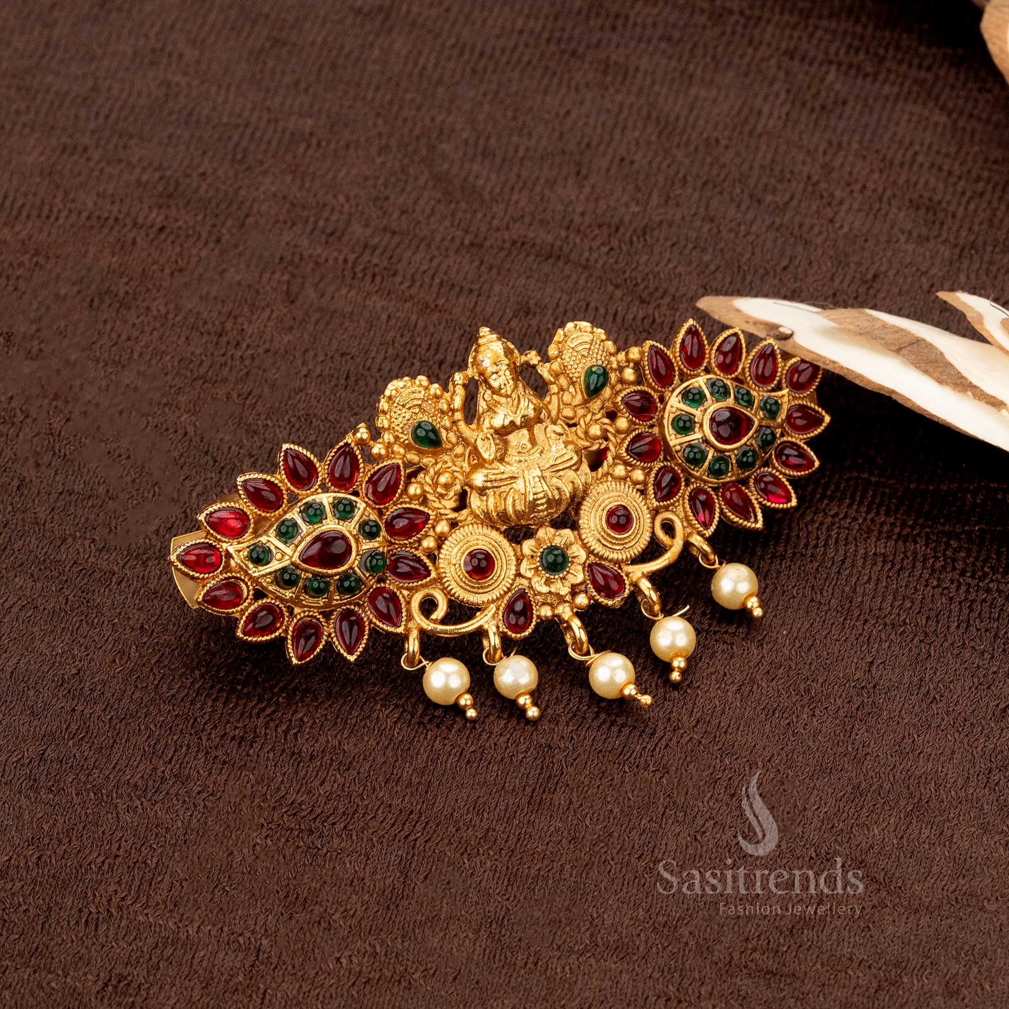 Gorgeous Classic Temple Matte Gold-Plated Lakshmi & Peacock Center Hair Clips Collection with Pearl Hangings - Sasitrends - Image 9