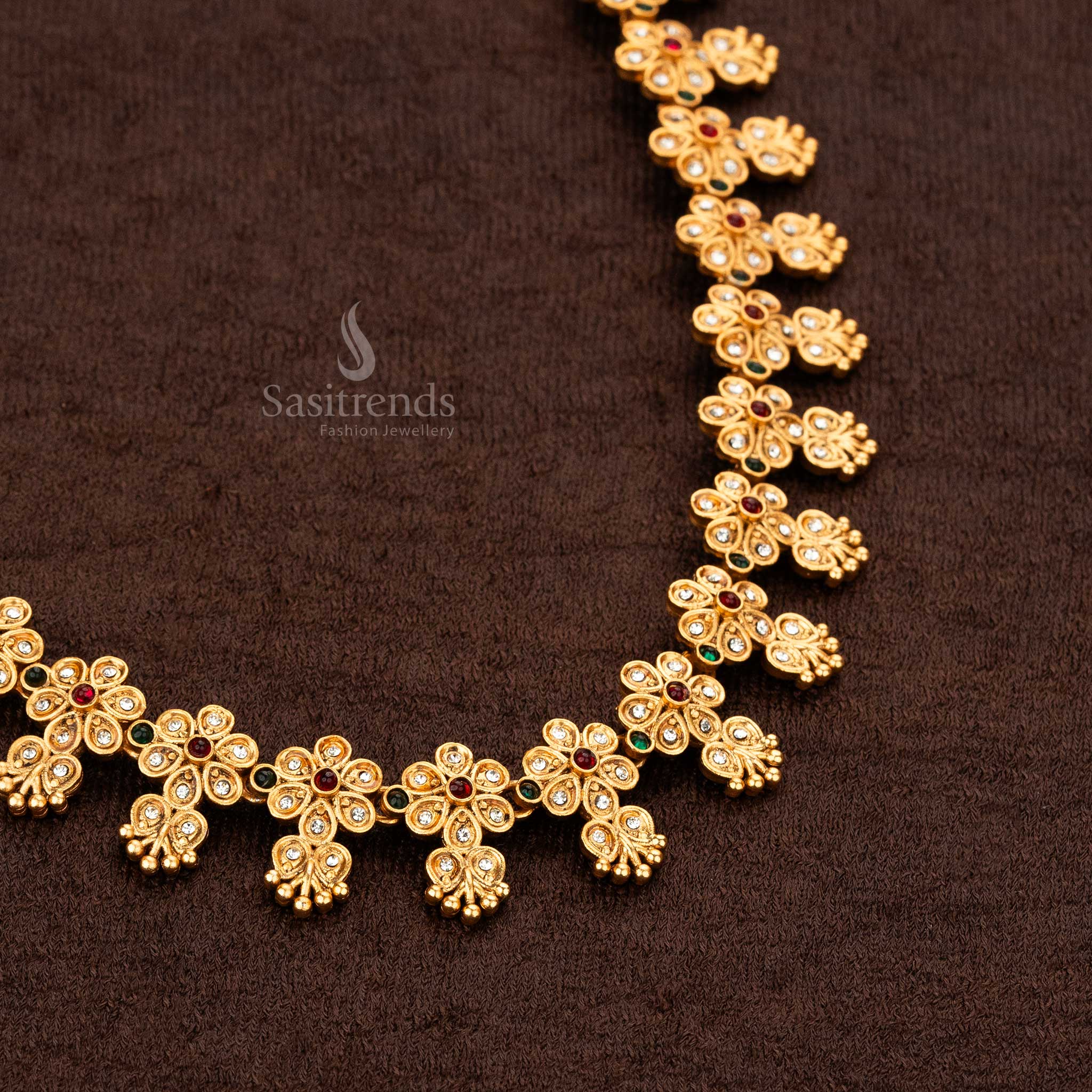 Traditional Classic Matte Gold Plated Floral Motif Temple Necklace Jewellery Set with Matching Earrings - Sasitrends - Image 2