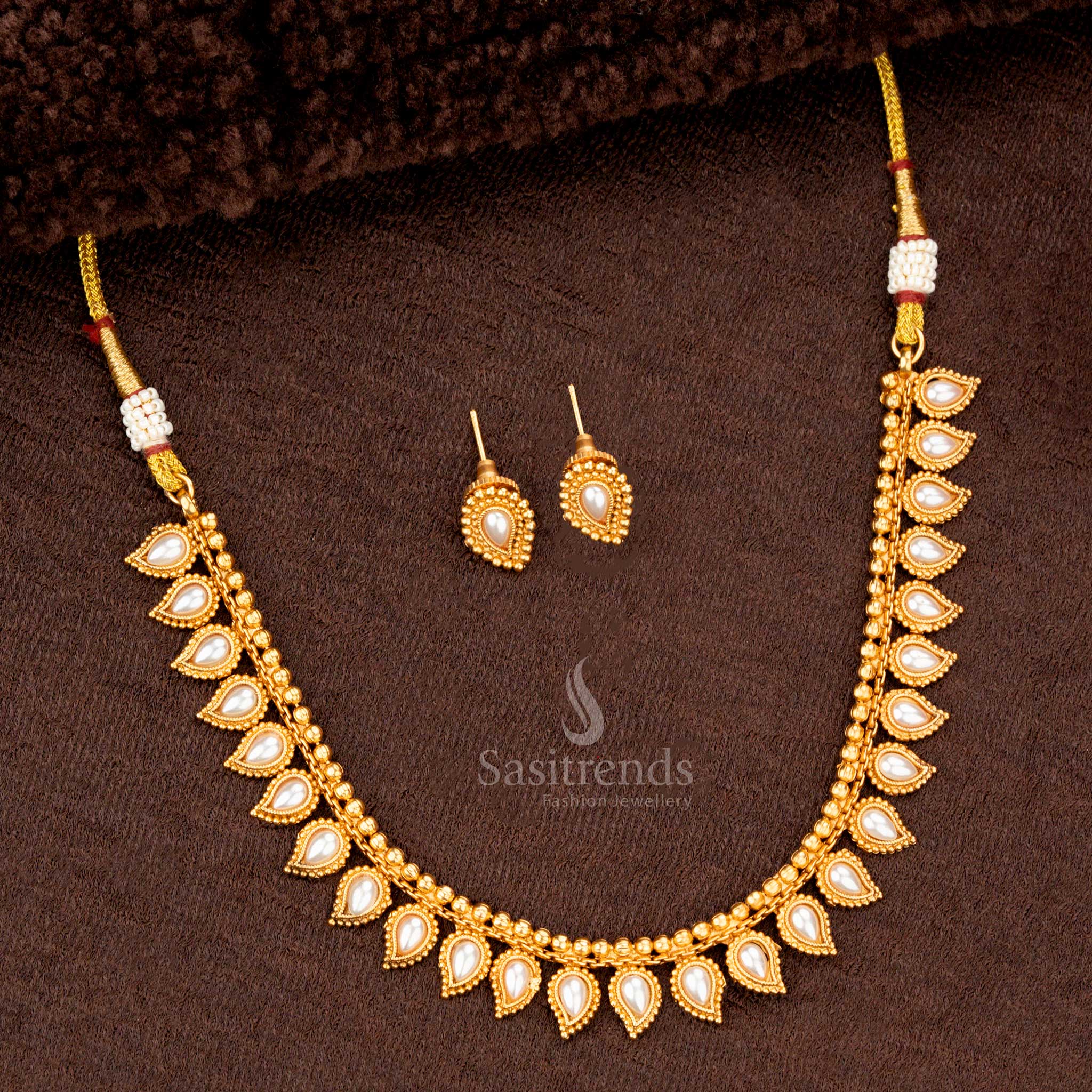 Elegant Classic Temple Matte Gold Plated Teardrop Pearl Necklace Jewellery Set - Sasitrends - Image 4