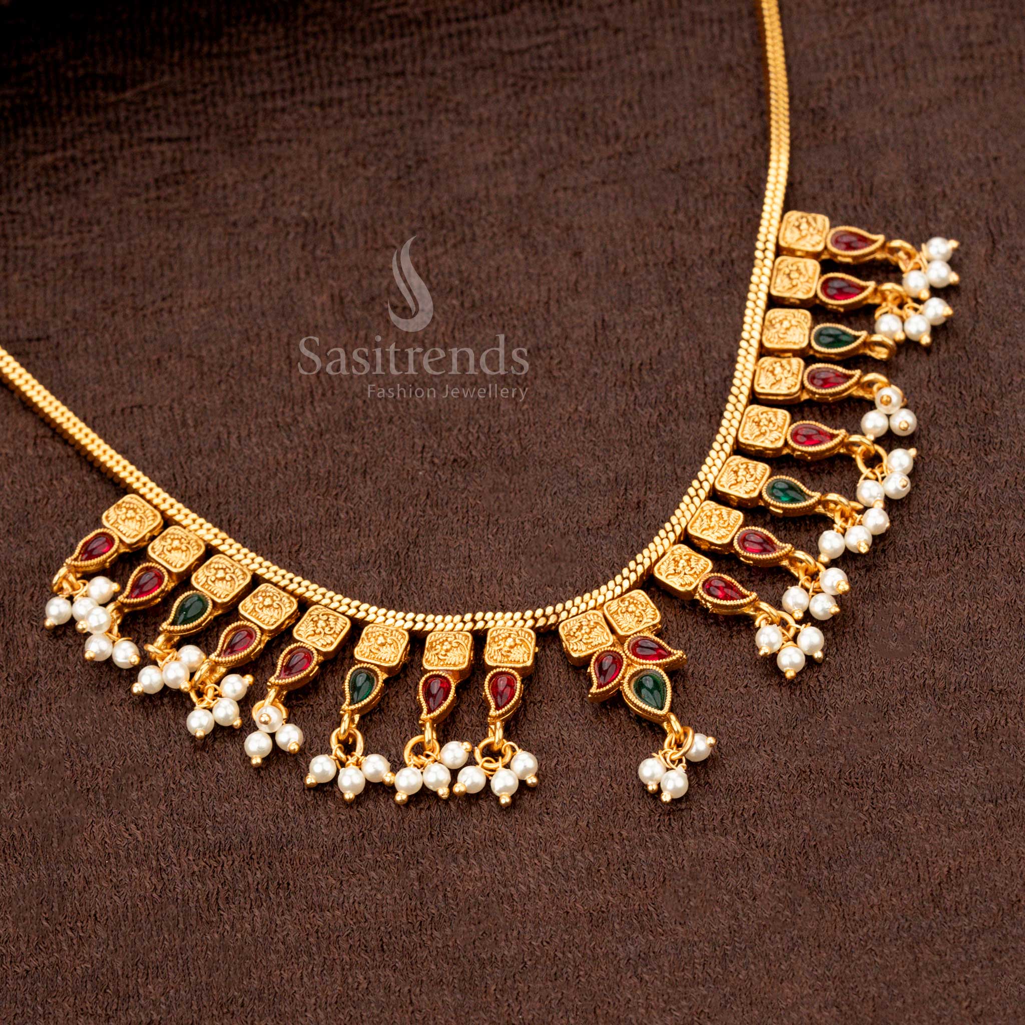 Classic Temple Matte Gold-Plated Necklace Jewellery Set with Square Motifs, Drop Designs, and Pearl Accents - Sasitrends - Image 3