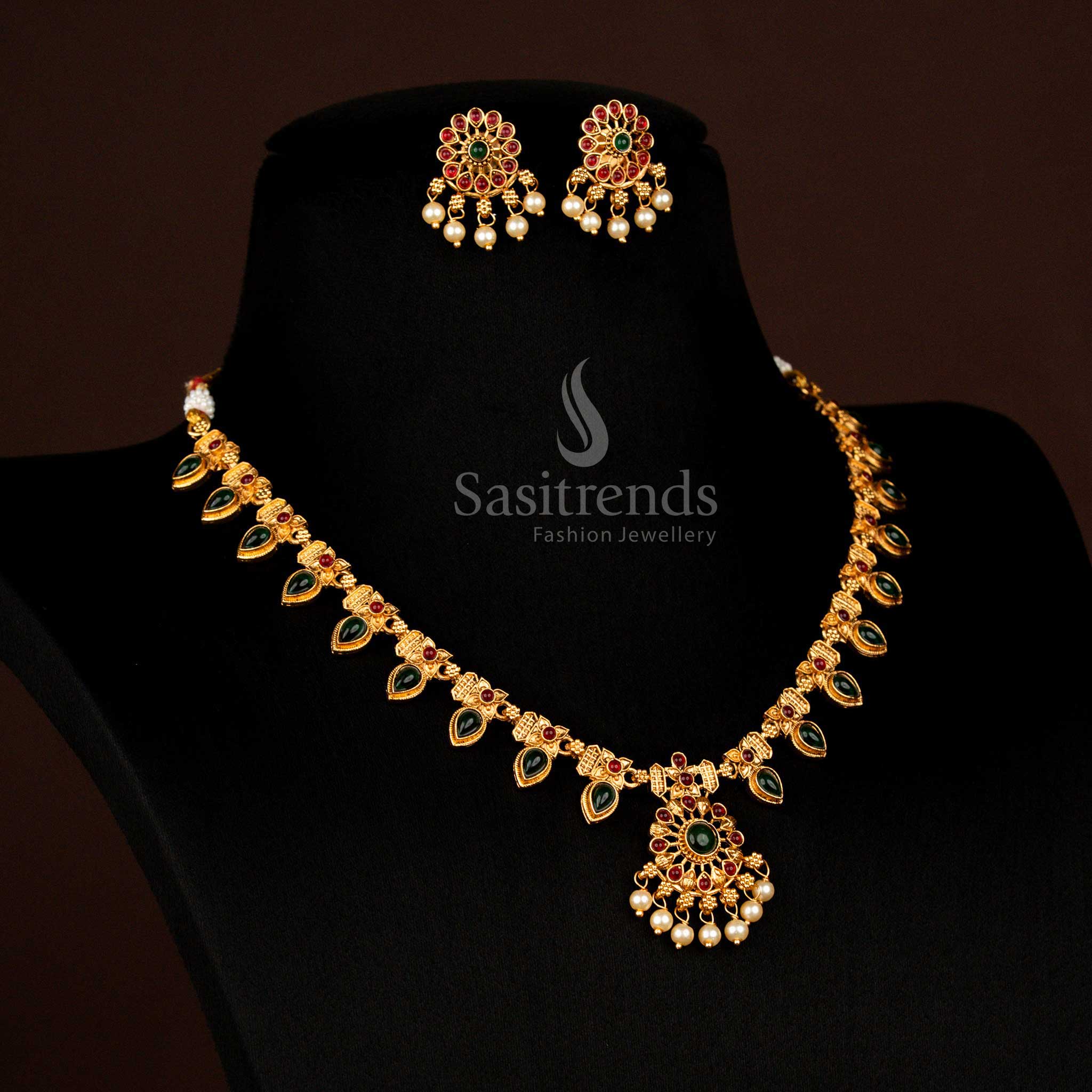Classic Temple Matte Gold Plated Floral Teardrop Stone Pearl Necklace Jewellery set | Budget Friendly - Image 2