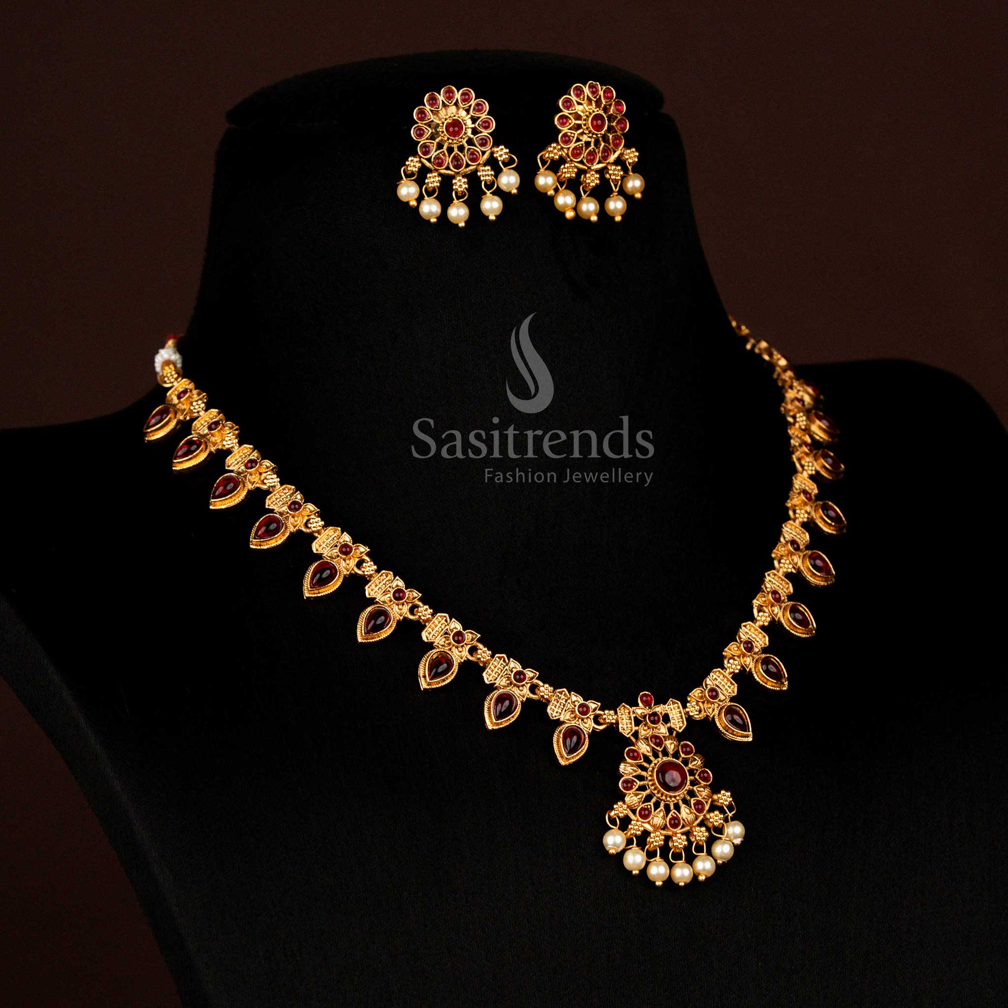 Classic Temple Matte Gold Plated Floral Teardrop Stone Pearl Necklace Jewellery set | Budget Friendly - Image 3