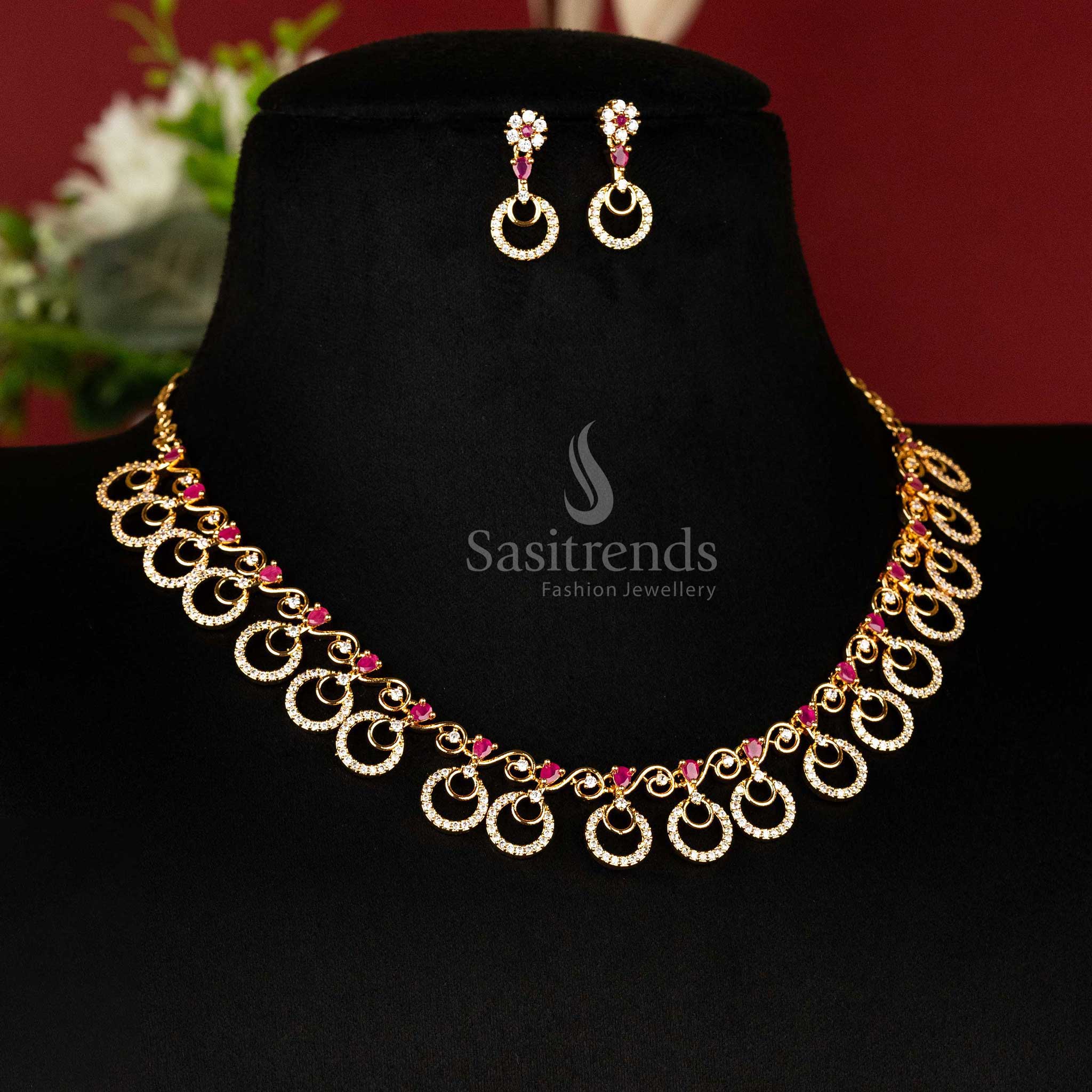 Elegant One Gram Micro Gold-Plated Circular Pattern and AD Stones Stud Necklace Jewellery Set  - Sasitrends - Image 6