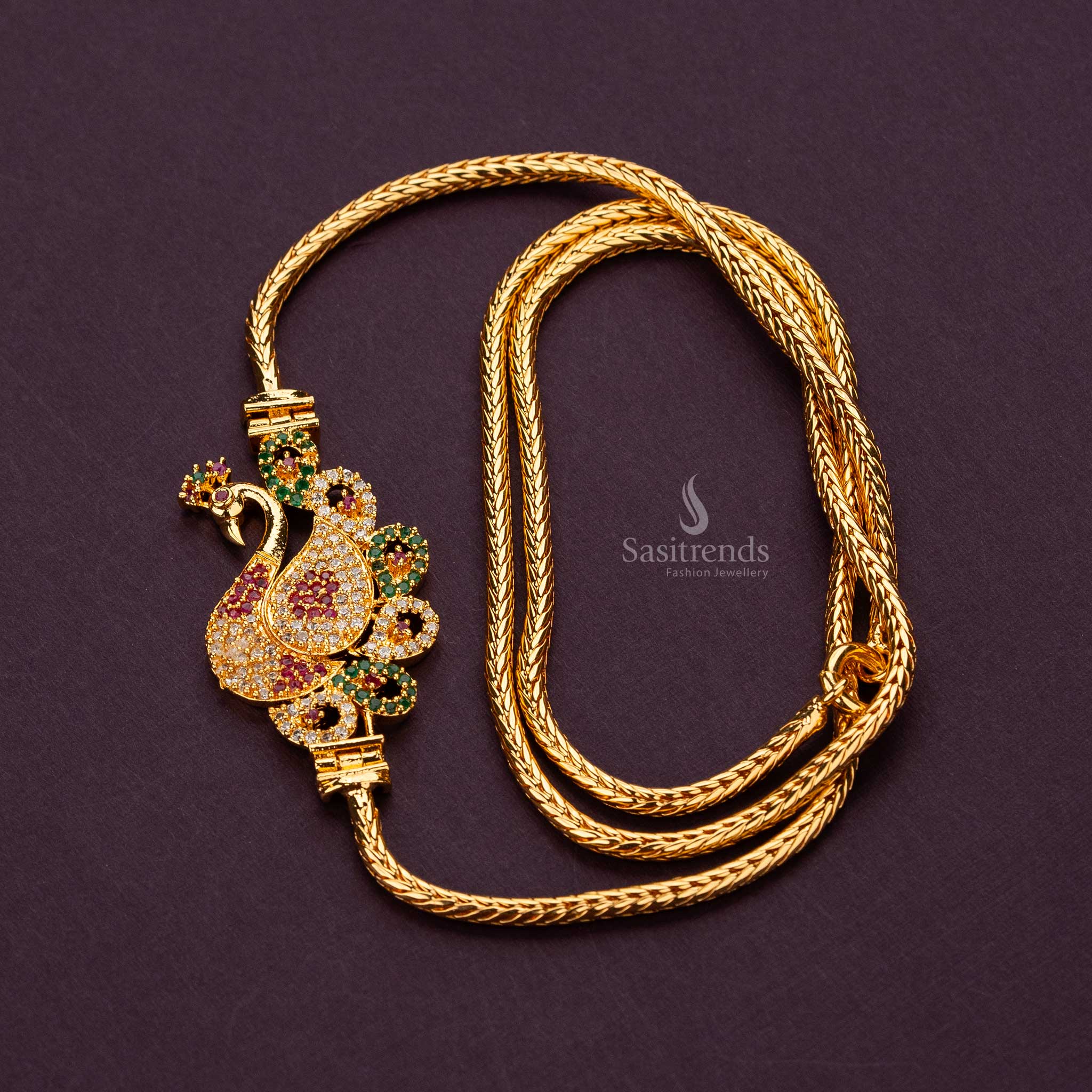 Guaranteed One Gram Micro Gold Plated  AD Stone Studded Peacock Mugappu Chain – Real Gold Look - Sasitrends - Image 5