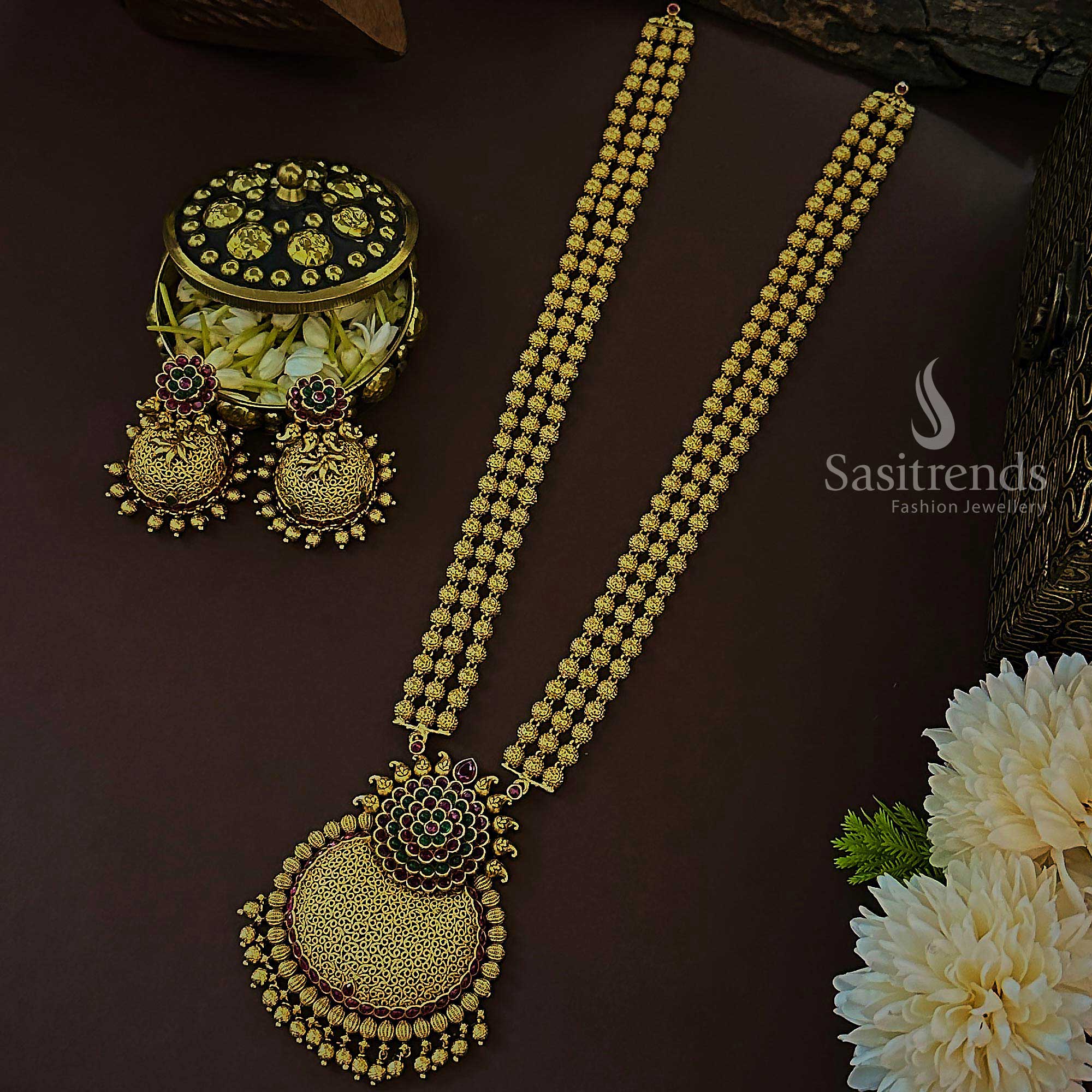 Grand Bridal Traditional Wear: Temple Matte Gold Tone Long Necklace Jewellery Set with Three-Layered Bead Floral Pendant and Jhumkas for Women - Image 2