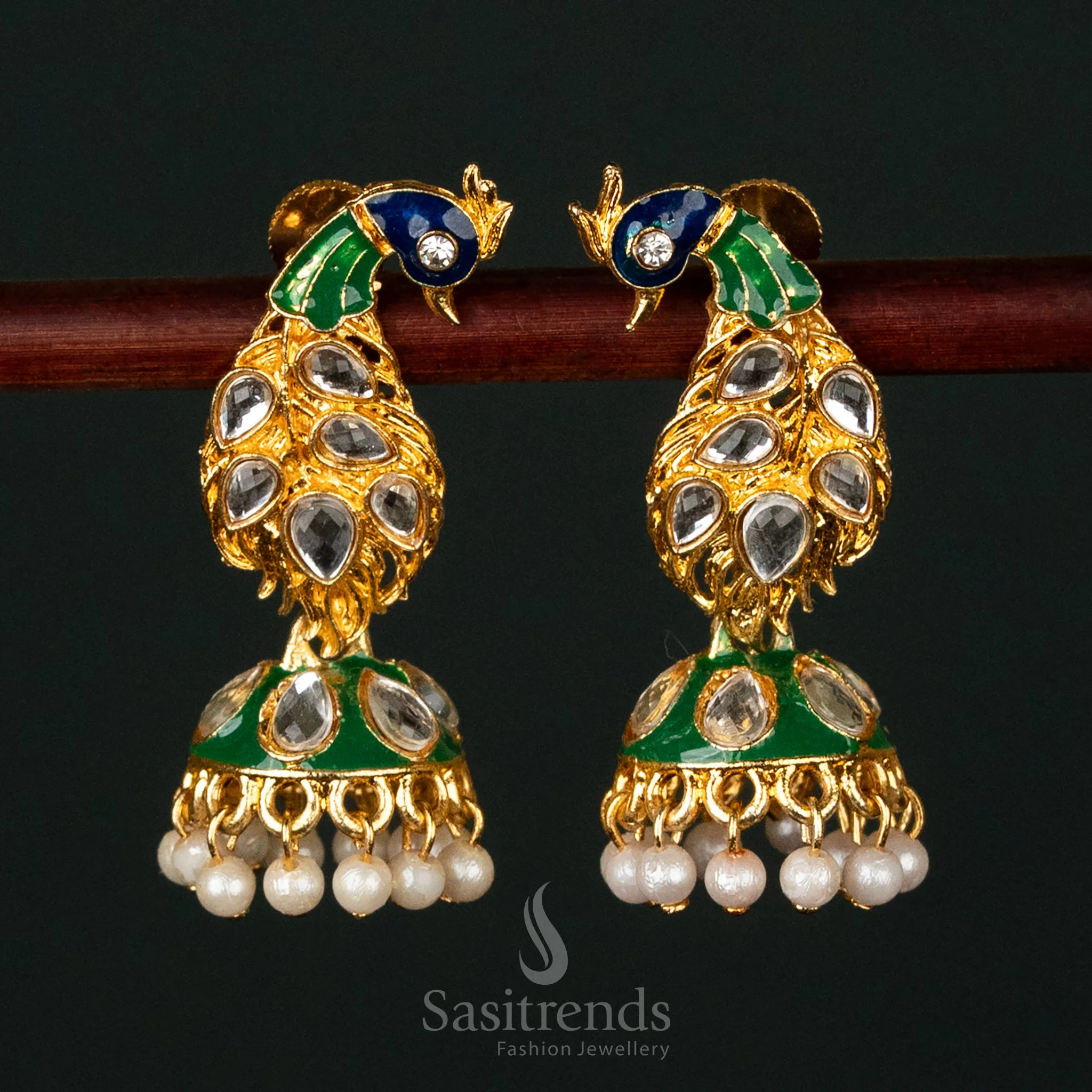 Trendy Gold Plated Peacock Kundan Stone Painted Jhumka Earrings with Pearl Drops - Sasitrends - Image 2