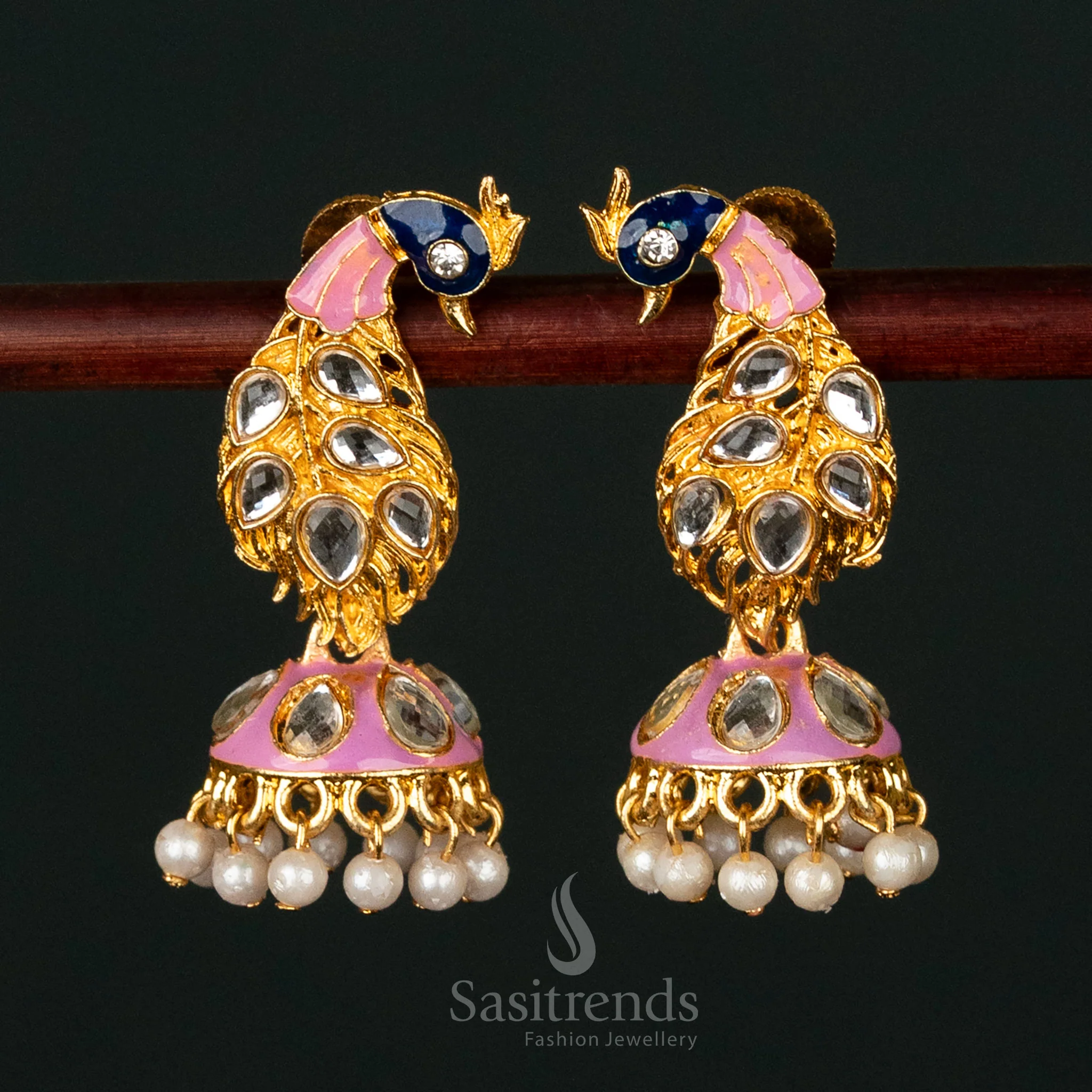 Trendy Gold Plated Peacock Kundan Stone Painted Jhumka Earrings with Pearl Drops - Sasitrends - Image 3