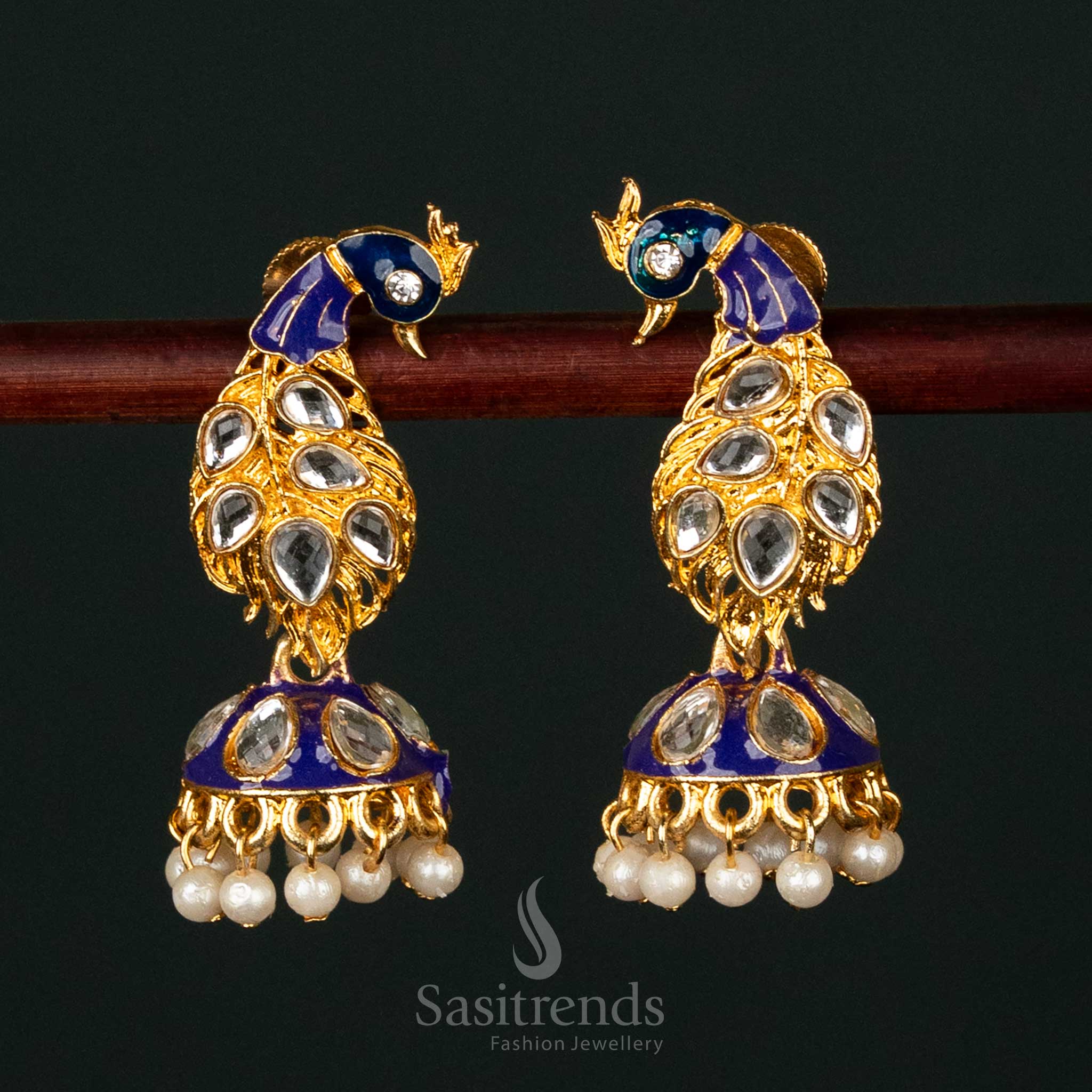 Trendy Gold Plated Peacock Kundan Stone Painted Jhumka Earrings with Pearl Drops - Sasitrends - Image 4
