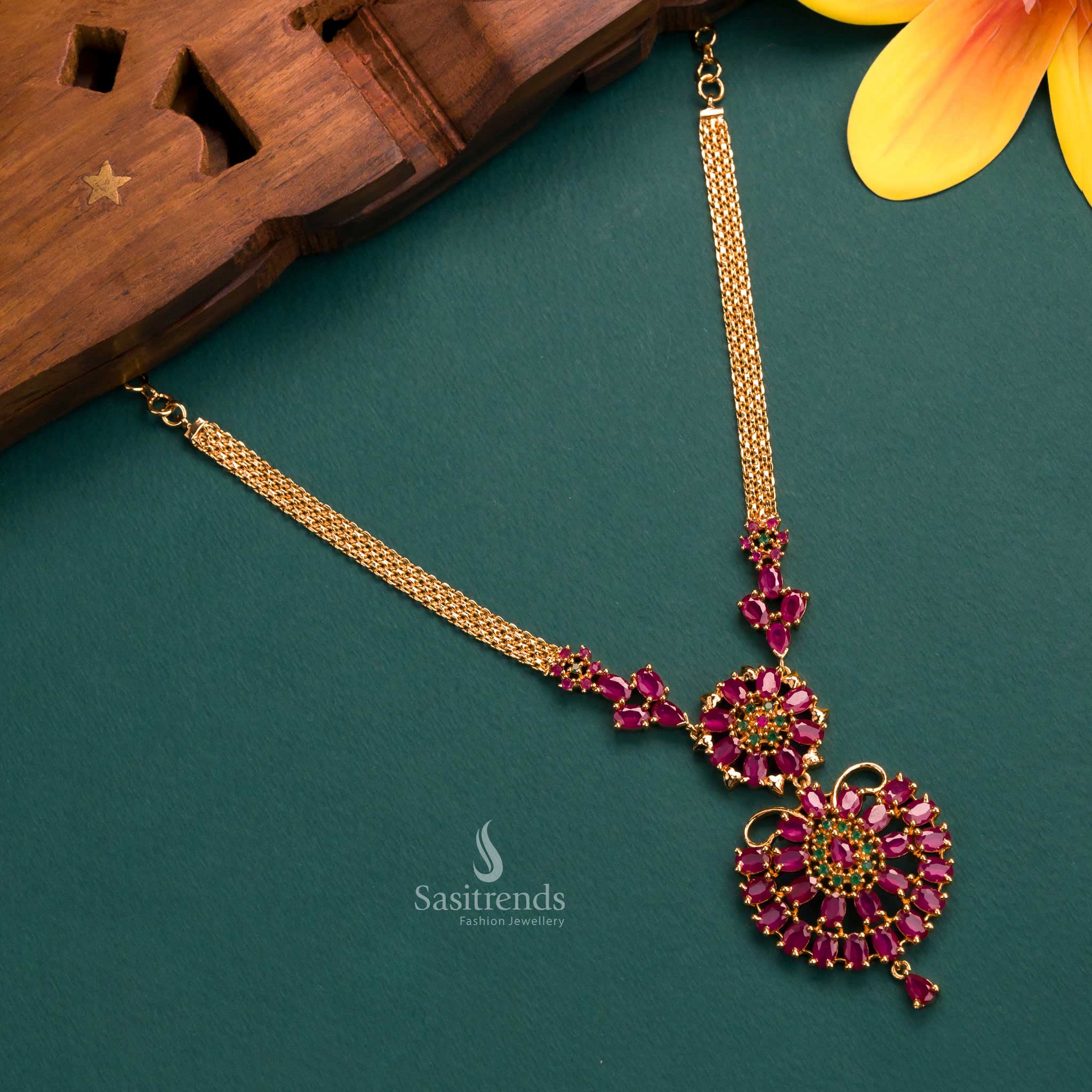 Exquisite Floral American Daimond Stone Micro Gold Plated Necklace Jewellery Set | Sasitrends - Image 6