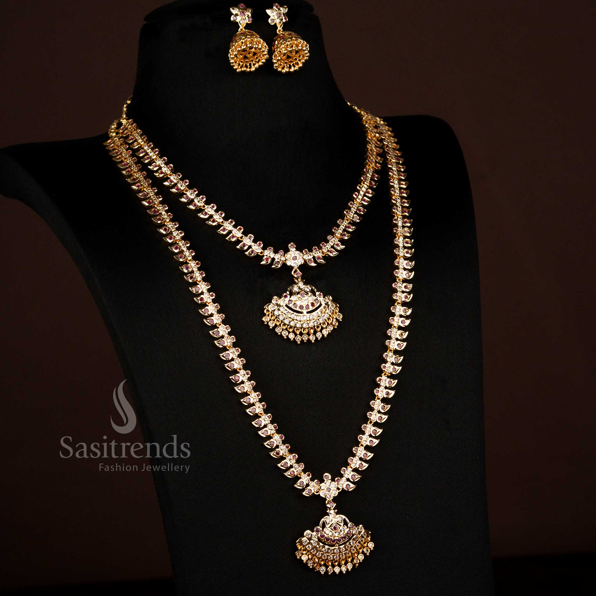 Traditional Impon Addigai One Gram Micro Gold Plated Mango Design Short & Long Combo Necklace Jewellery Set - Image 4