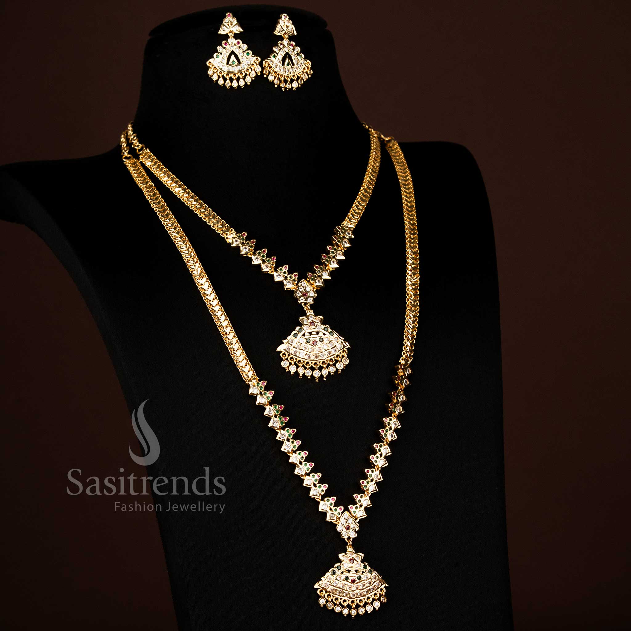 Traditional Guaranteed Micro Gold Plated Impon Long Short Combo Necklace Set with Matching Earrings
