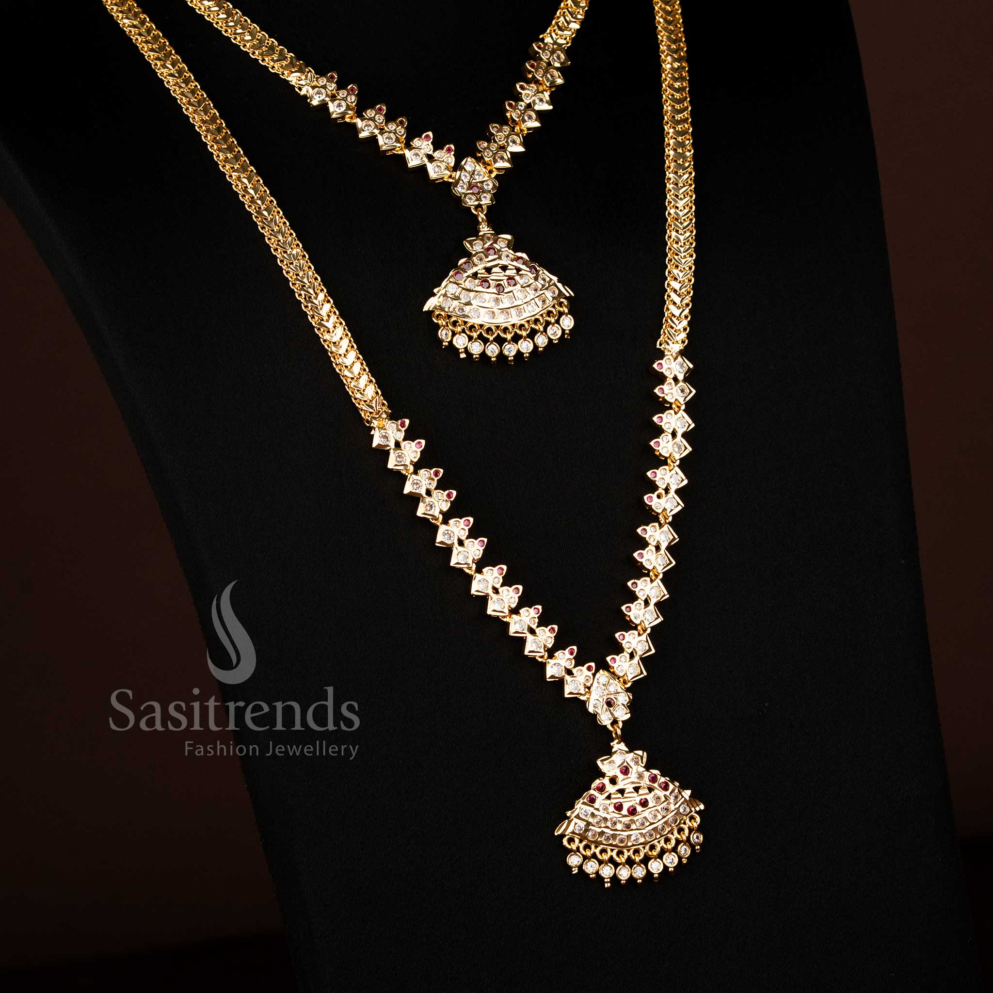 Traditional Guaranteed Micro Gold Plated Impon Long Short Combo Necklace Set with Matching Earrings - Image 2