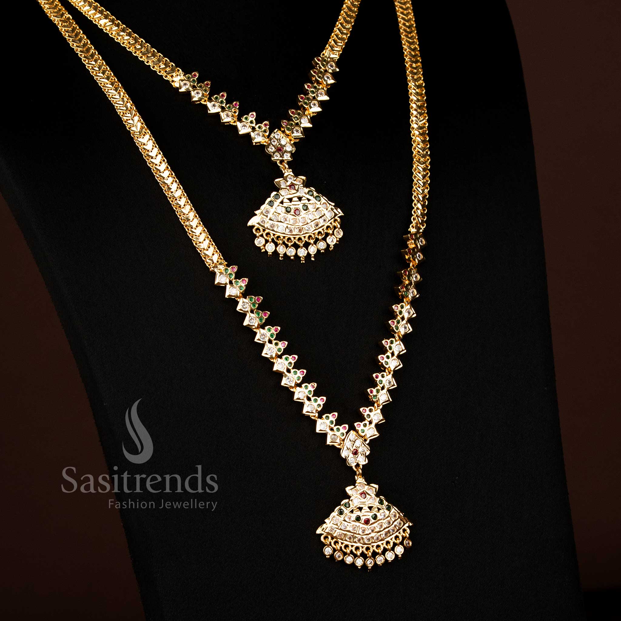 Traditional Guaranteed Micro Gold Plated Impon Long Short Combo Necklace Set with Matching Earrings - Image 5