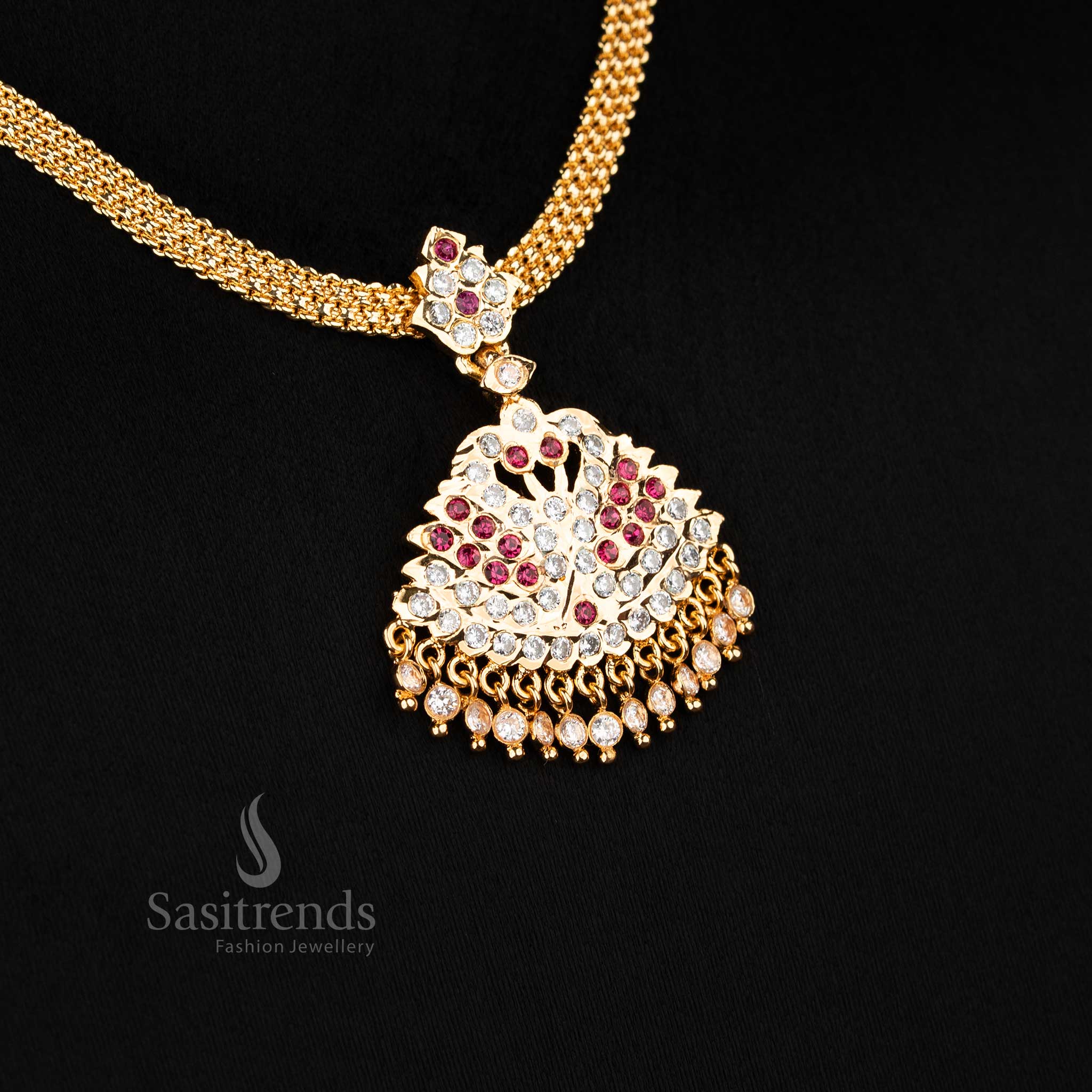 Trendy Indian Attire Look: Micro Gold Plated Peacock Designer Addigai American Diamond Pendant Necklace - Image 3