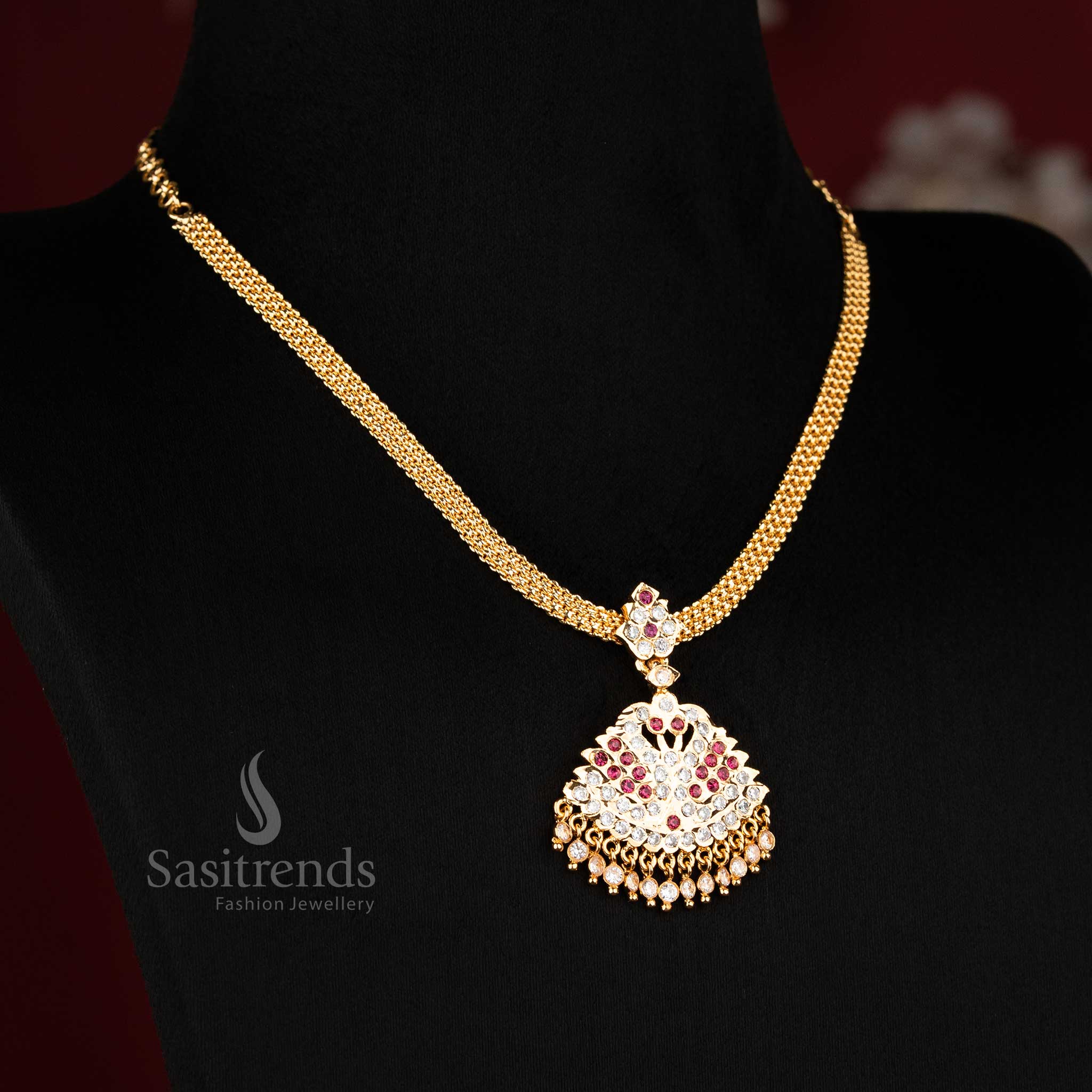 Trendy Indian Attire Look: Micro Gold Plated Peacock Designer Addigai American Diamond Pendant Necklace - Image 4