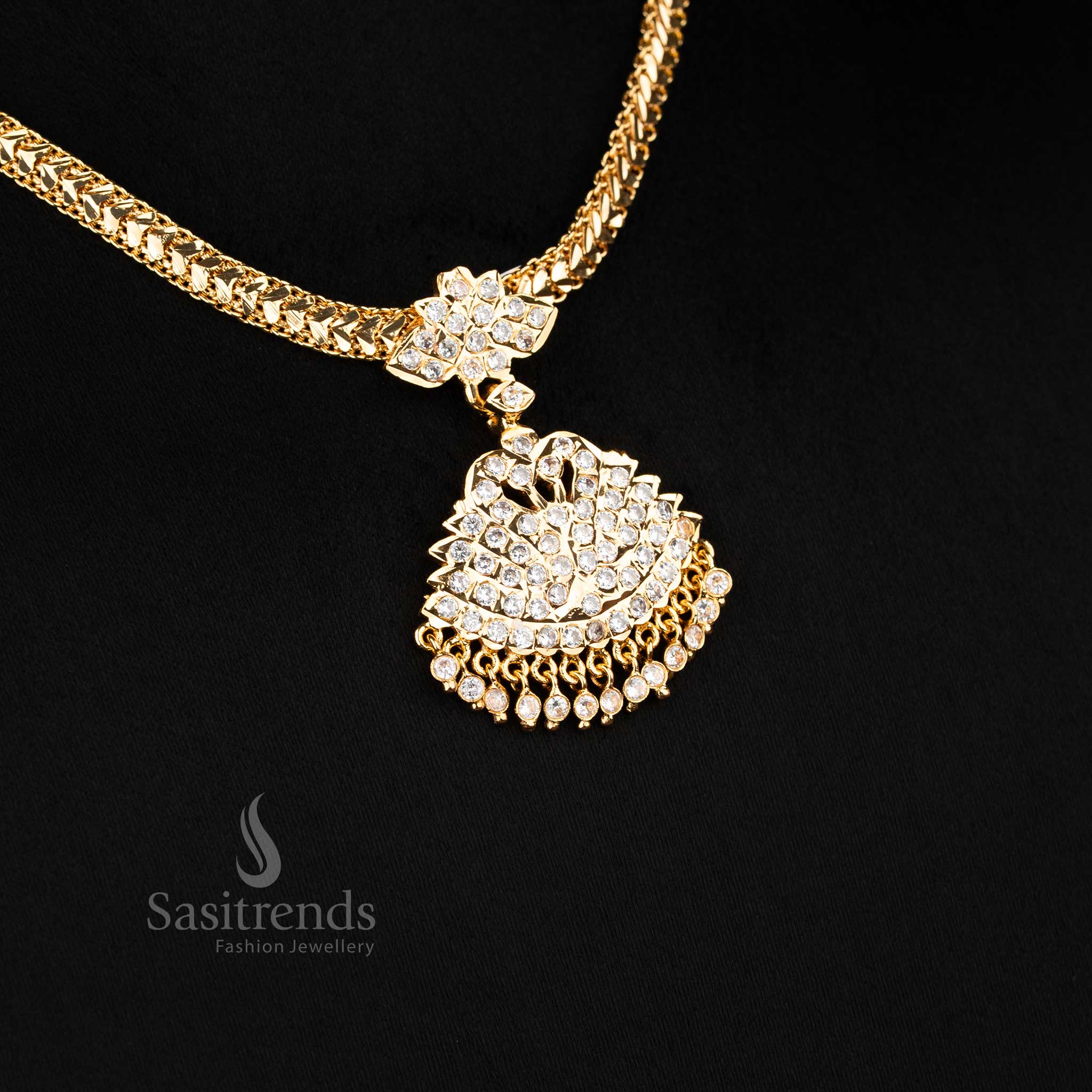 Trendy Indian Attire Look: Micro Gold Plated Peacock Designer Addigai American Diamond Pendant Necklace - Image 5