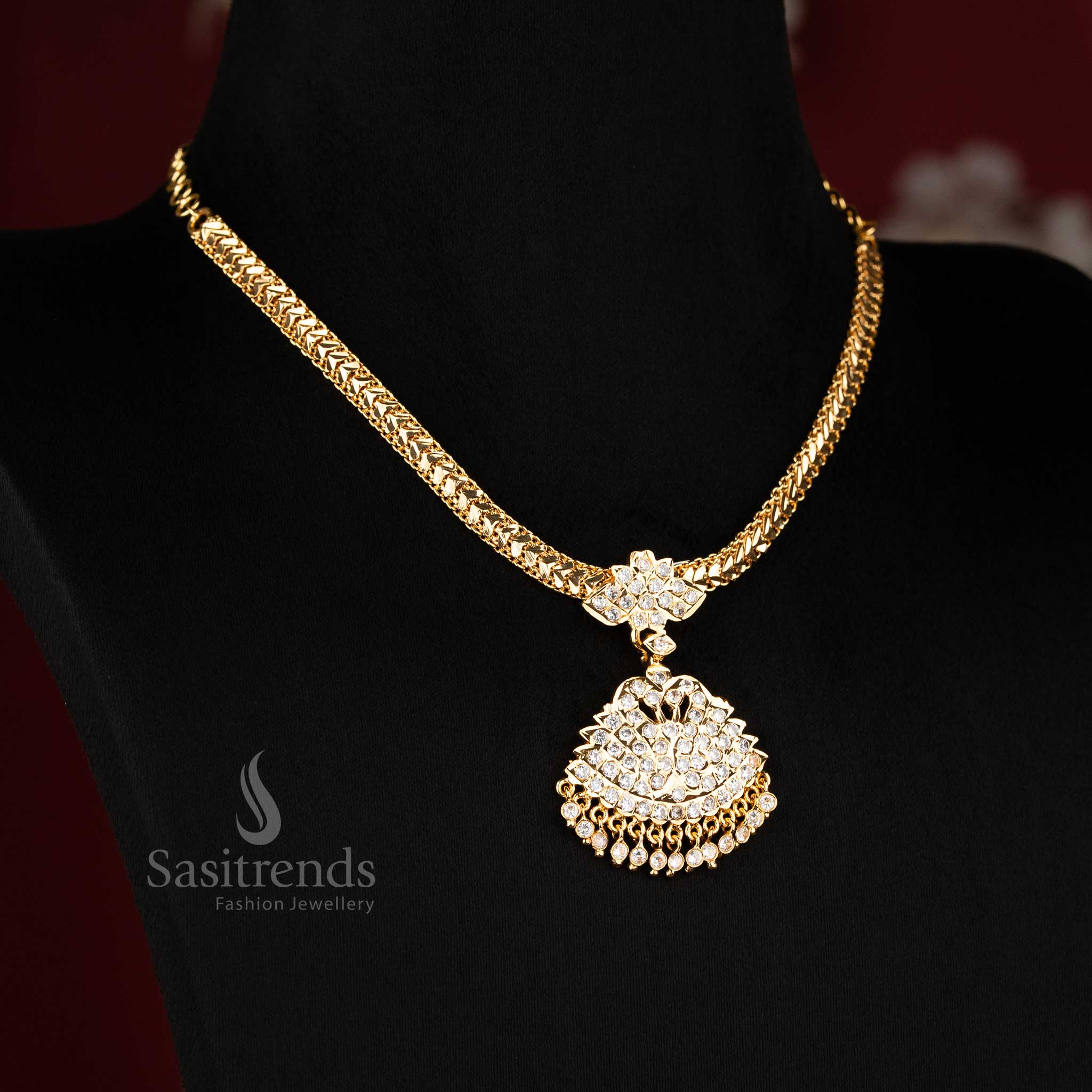 Trendy Indian Attire Look: Micro Gold Plated Peacock Designer Addigai American Diamond Pendant Necklace - Image 6
