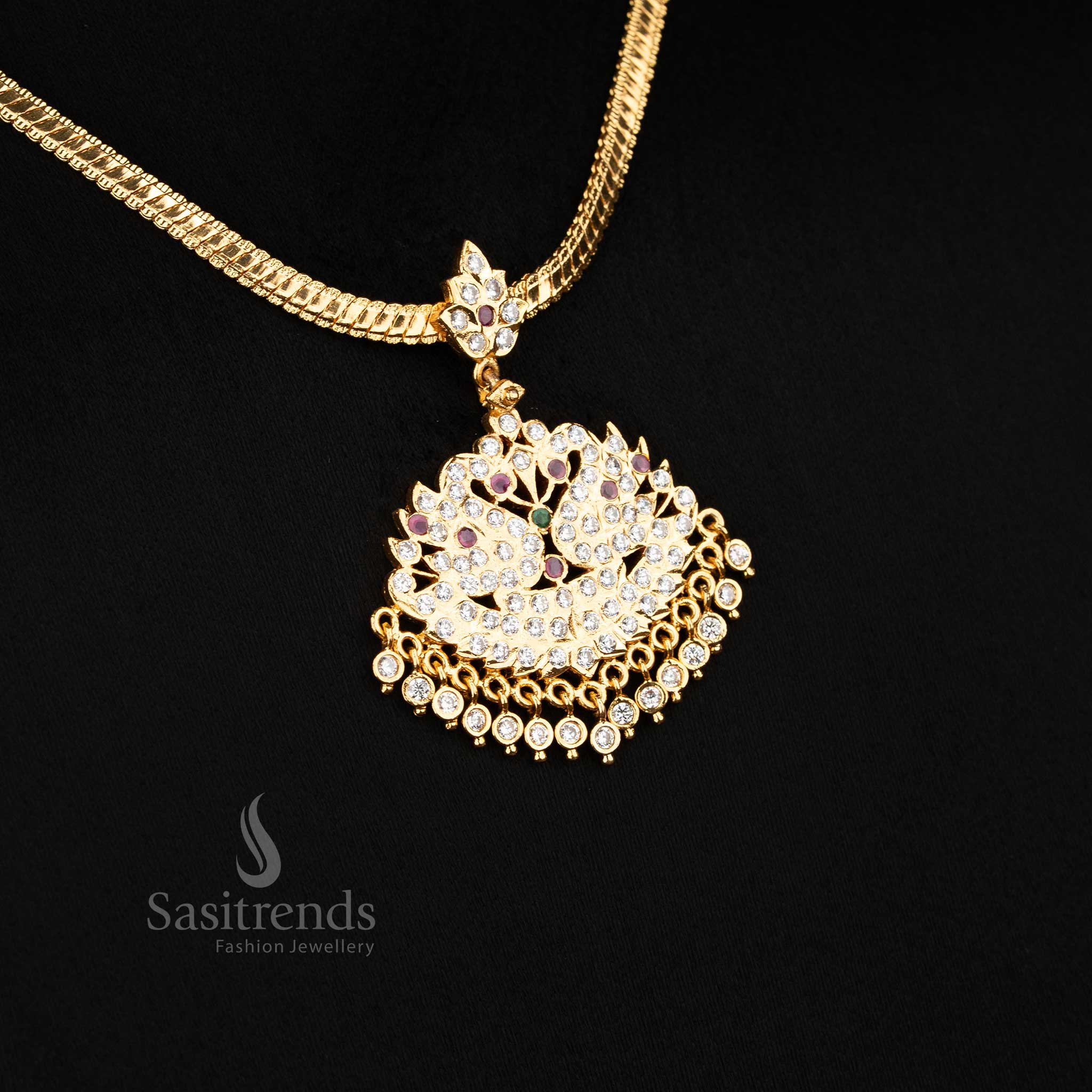 Trendy Indian Attire Look: Micro Gold Plated Peacock Designer Addigai American Diamond Pendant Necklace - Image 7