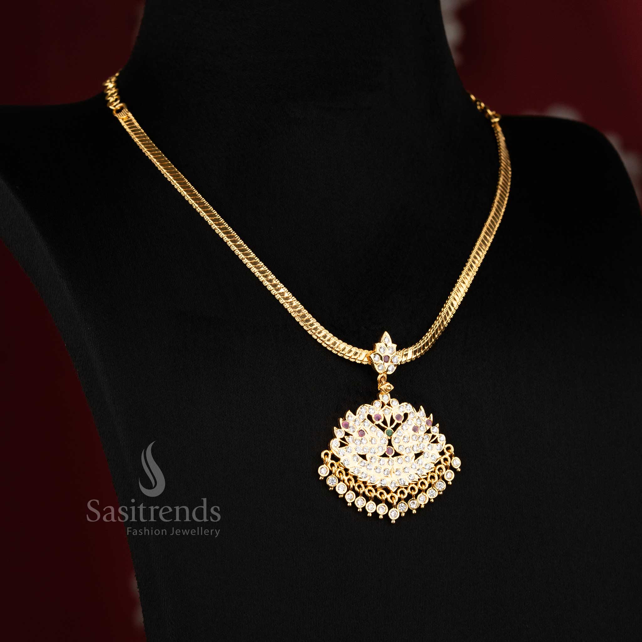Trendy Indian Attire Look: Micro Gold Plated Peacock Designer Addigai American Diamond Pendant Necklace - Image 8