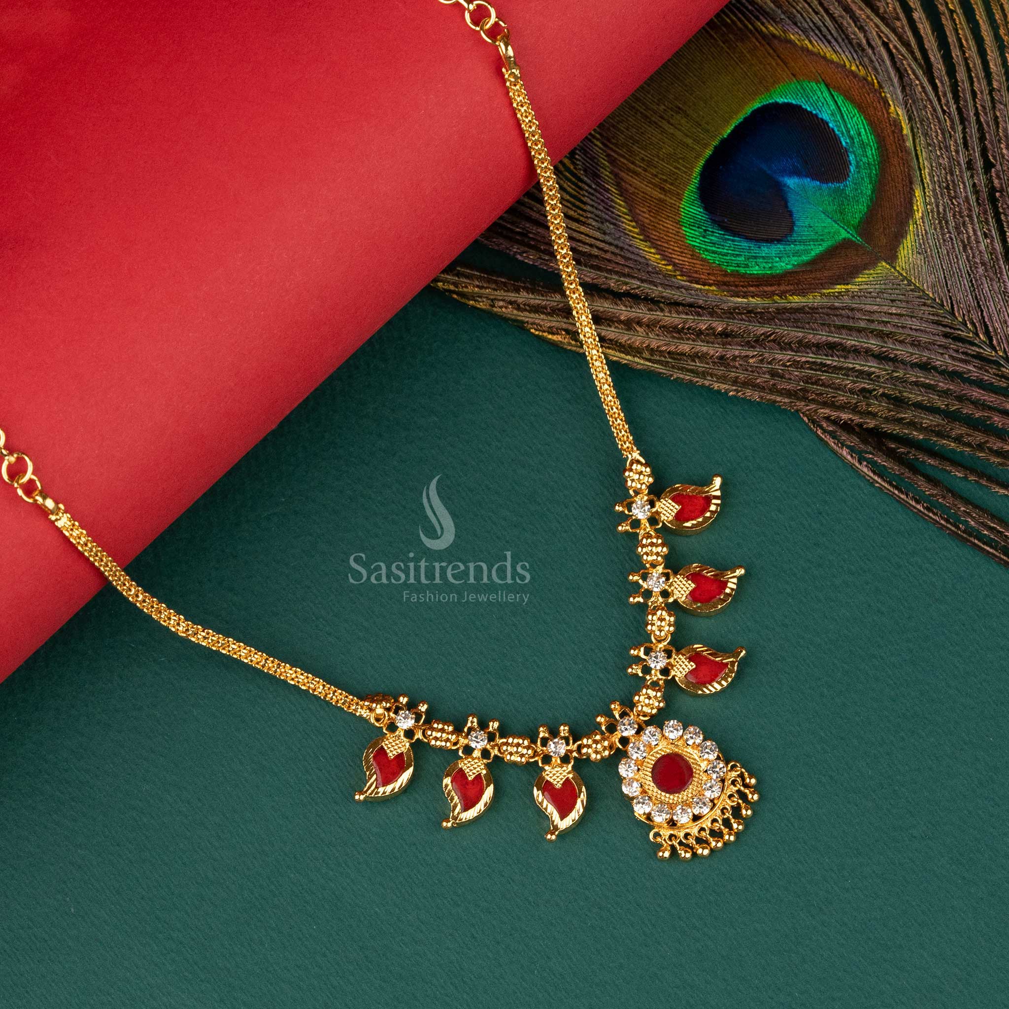 Latest Micro Gold Plated Traditional 1 Gram Red Palakka Mango Design Necklace - Sasitrends - Image 6