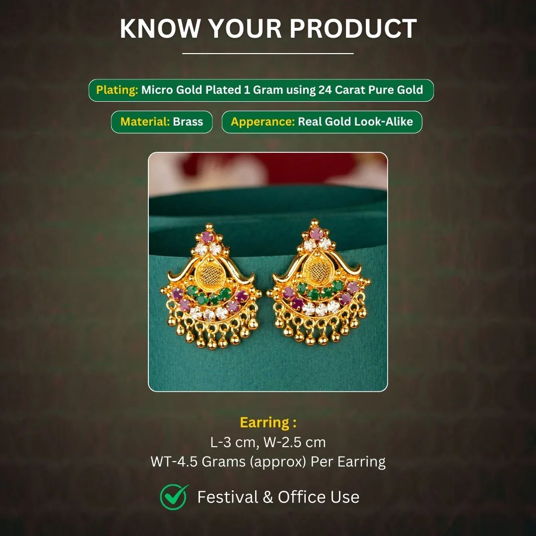 One Gram Micro Gold-Plated Stud Tops AD Earrings | Traditional Round Floral Design  - Sasitrends - Image 3