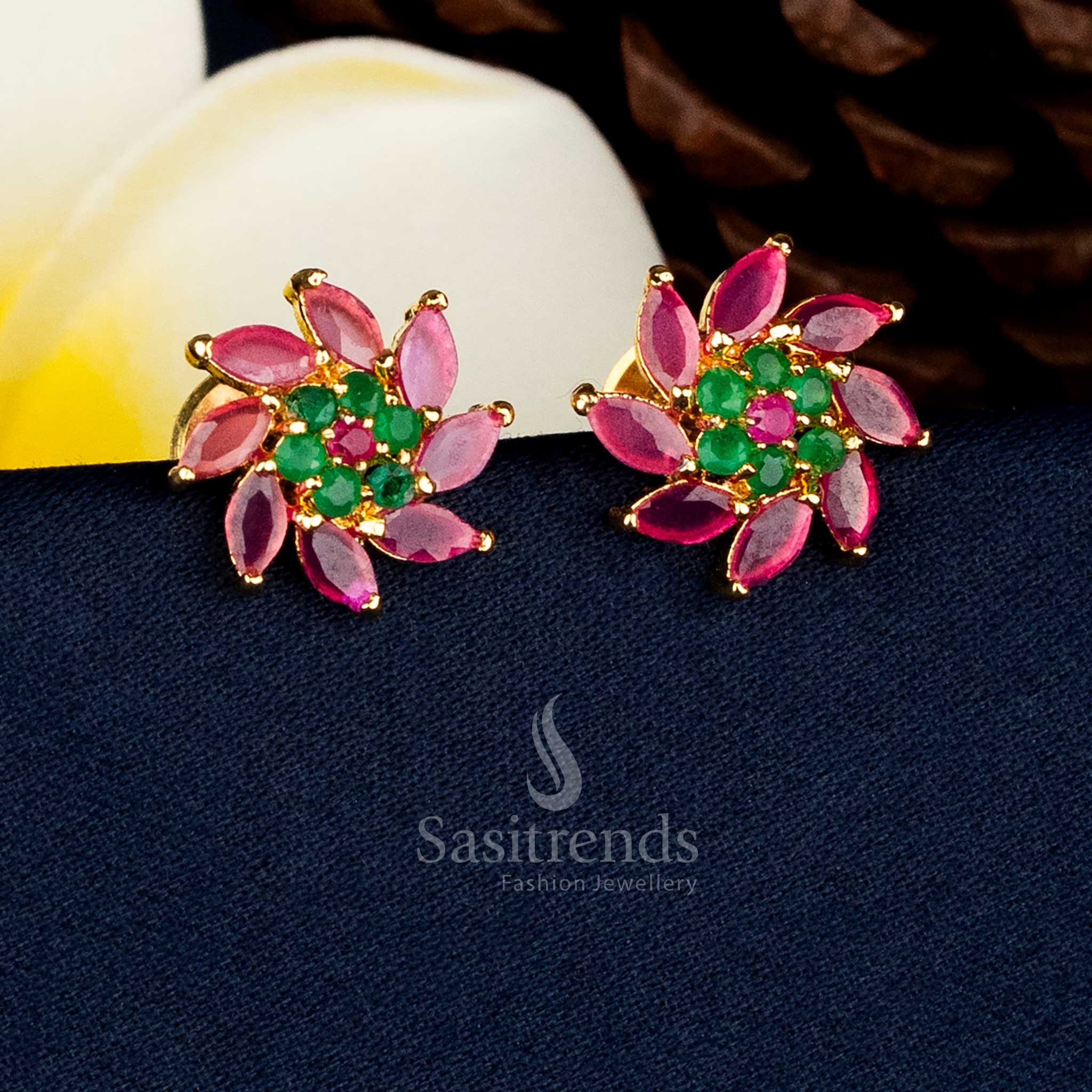 Mesmerising Real Gold Look Micro Gold Plated Cluster Pearl Centre Radiant Burst AD Stone Stud Earrings - Image 4