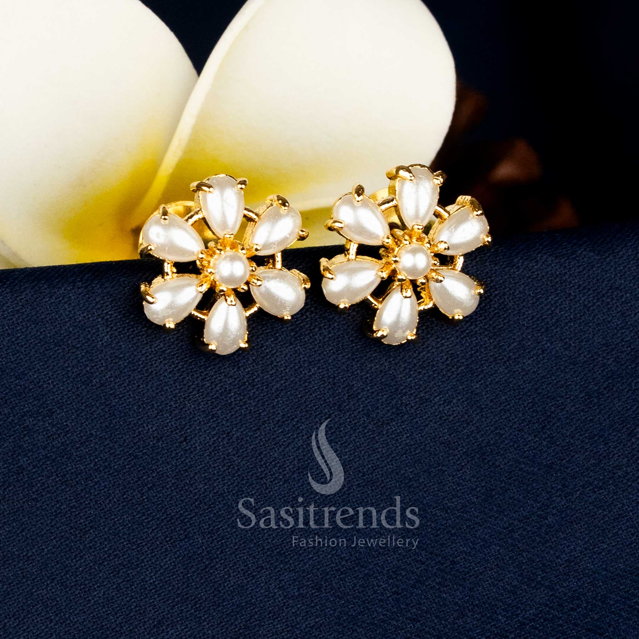 Guaranteed Real Gold Look Micro Gold Plated Teardrop Halo Floral Pearl Centre AD Stone Stud Earrings - Image 2