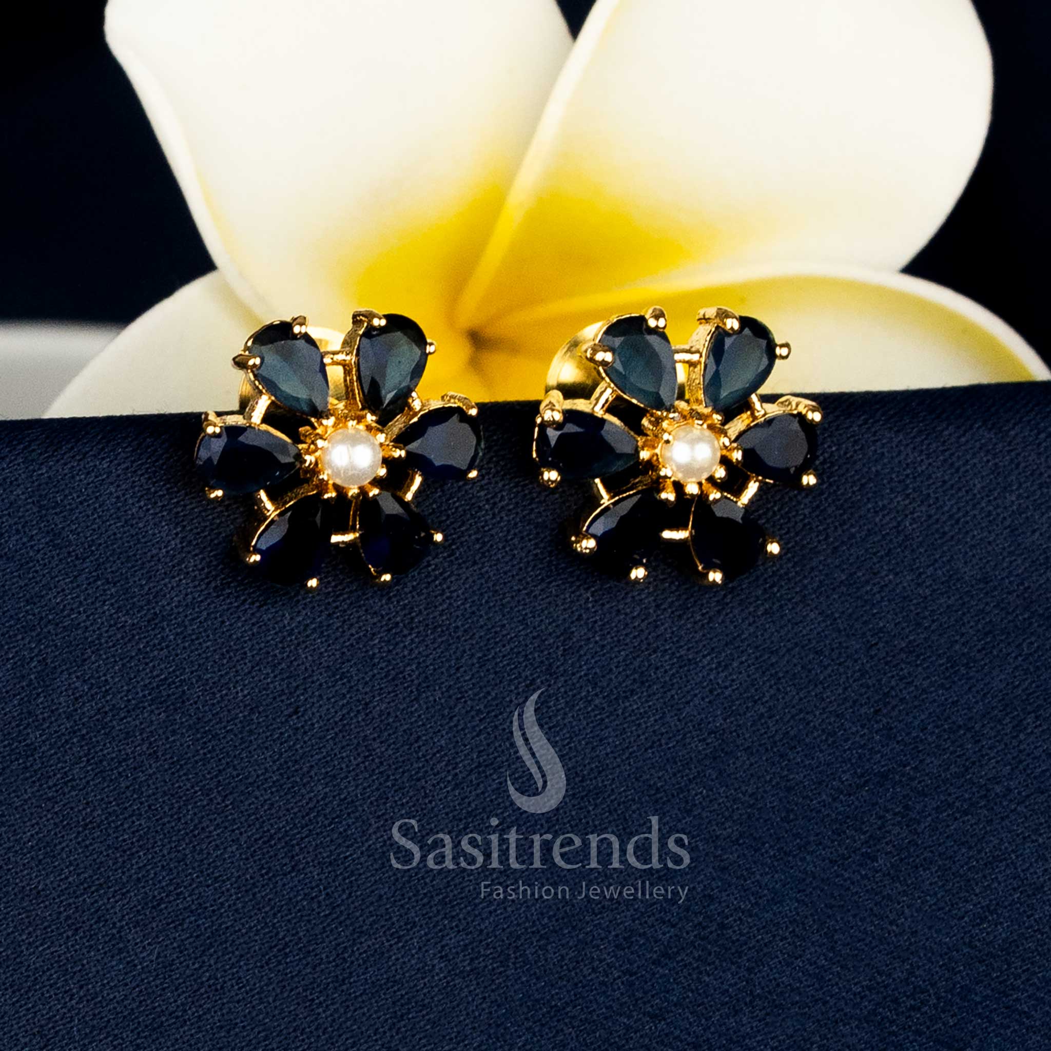 Guaranteed Real Gold Look Micro Gold Plated Teardrop Halo Floral Pearl Centre AD Stone Stud Earrings - Image 3