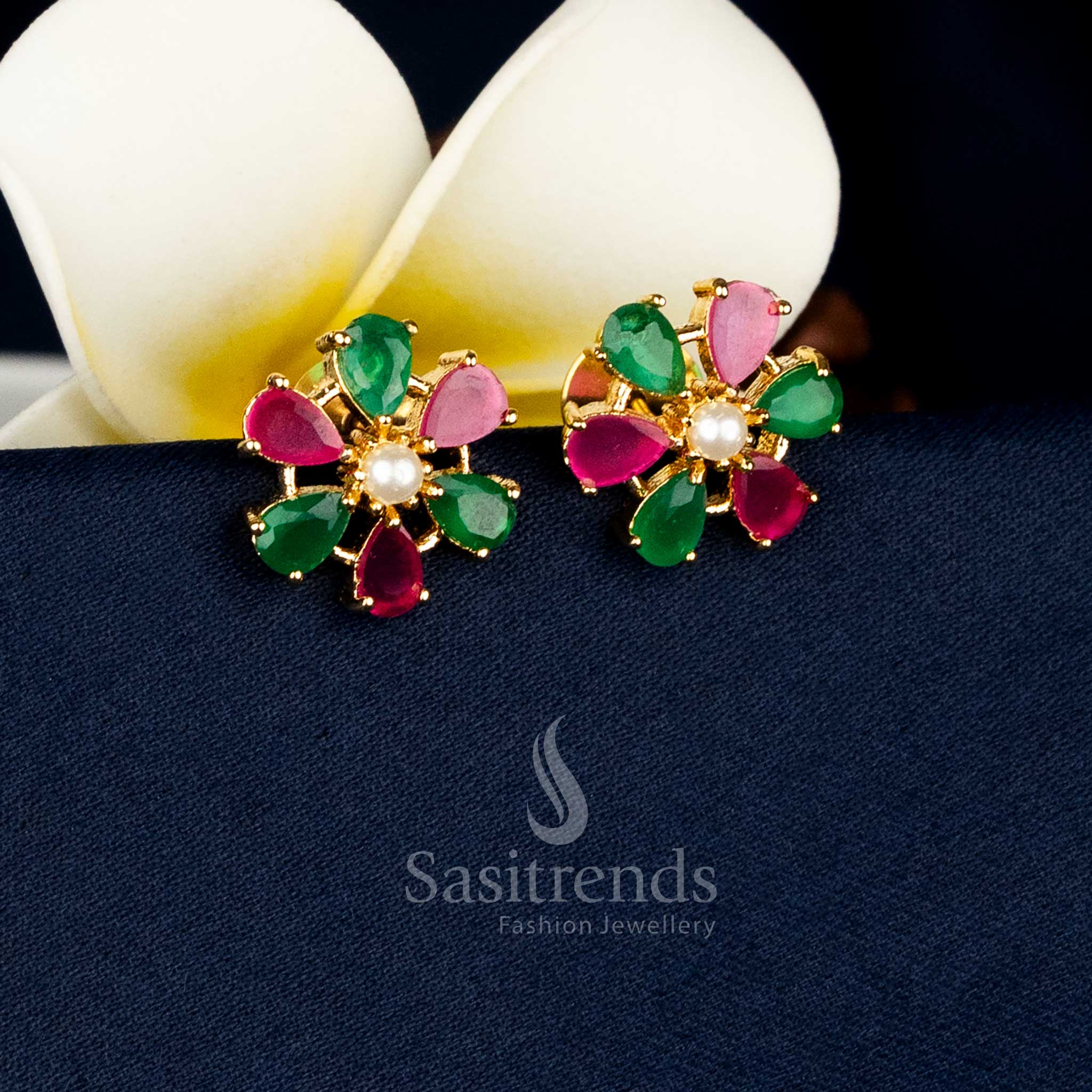 Guaranteed Real Gold Look Micro Gold Plated Teardrop Halo Floral Pearl Centre AD Stone Stud Earrings - Image 4