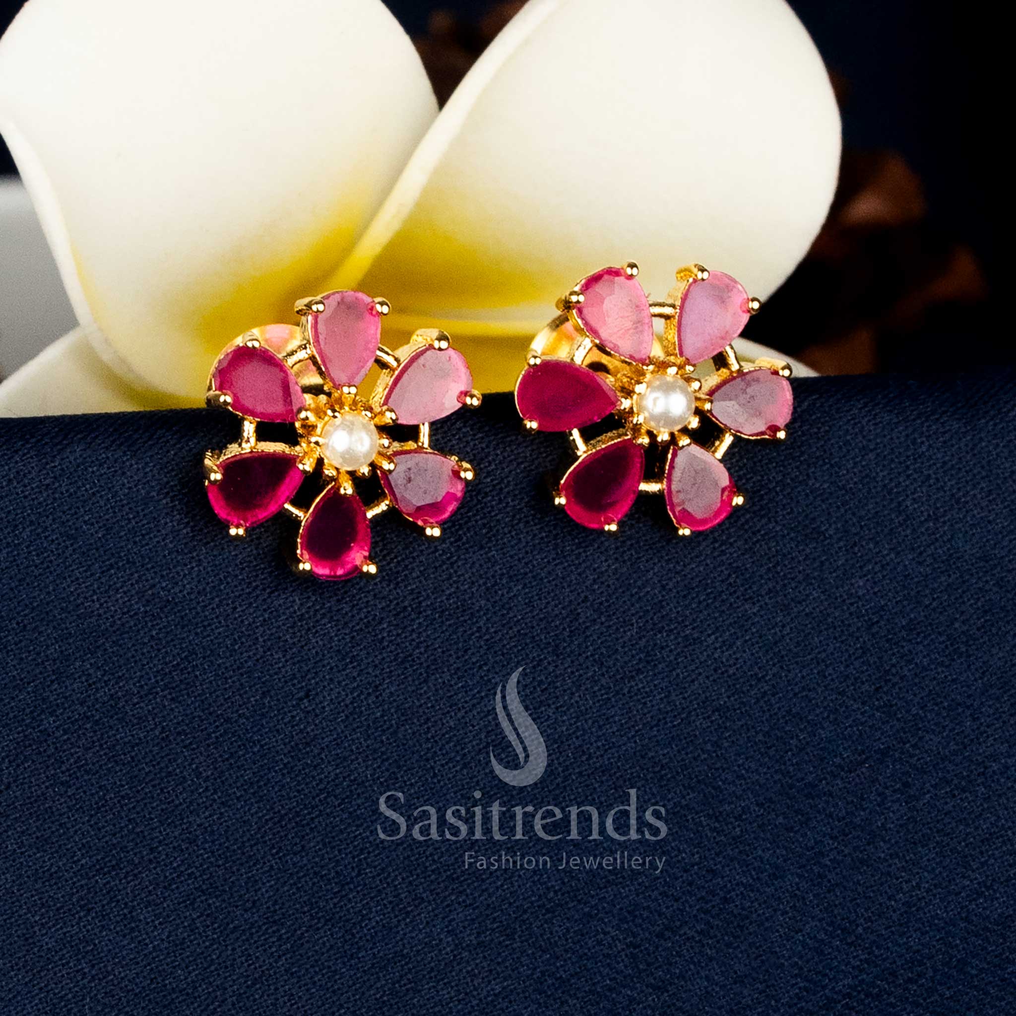 Guaranteed Real Gold Look Micro Gold Plated Teardrop Halo Floral Pearl Centre AD Stone Stud Earrings - Image 5