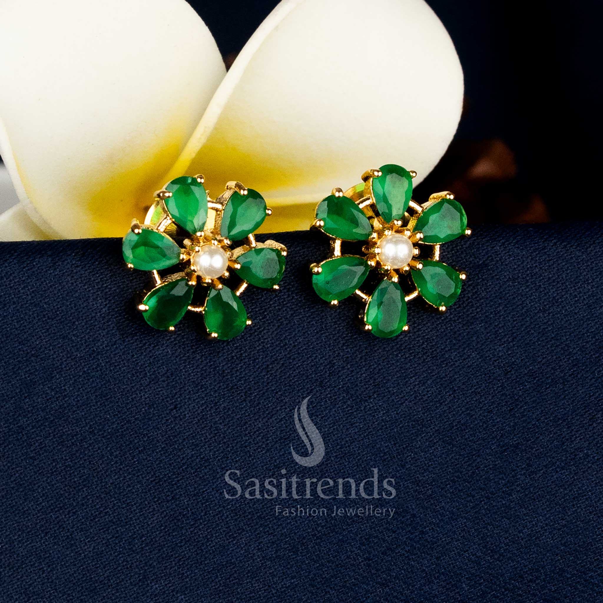Guaranteed Real Gold Look Micro Gold Plated Teardrop Halo Floral Pearl Centre AD Stone Stud Earrings - Image 6