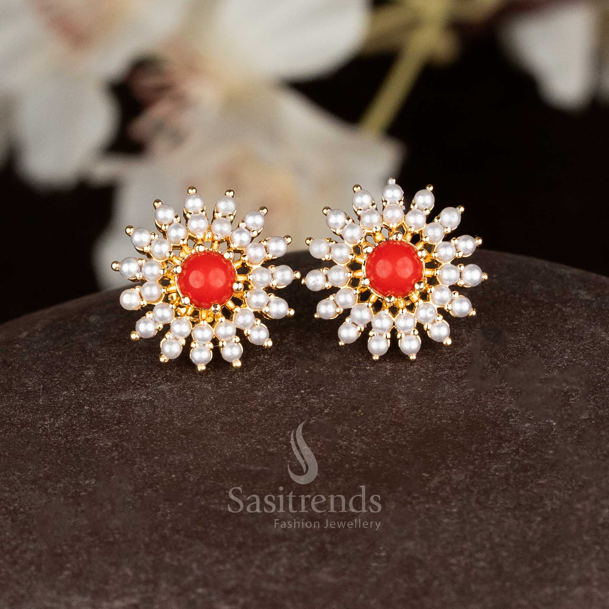 Guaranteed One Gram Micro Gold Plated Pearl & Pavalam Floral Stud Earrings | Look Like Real gold - Image 2