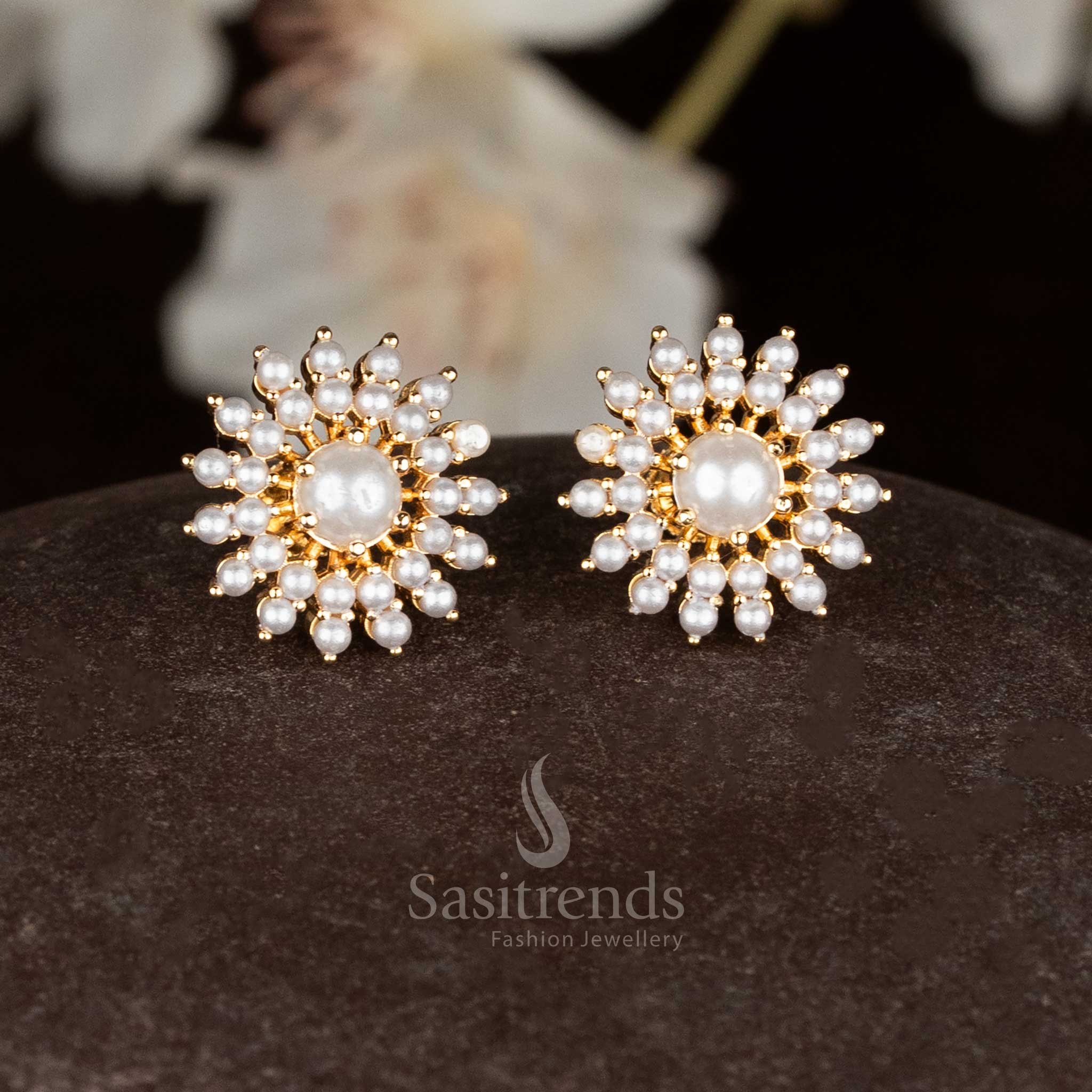 Guaranteed One Gram Micro Gold Plated Pearl & Pavalam Floral Stud Earrings | Look Like Real gold - Image 3