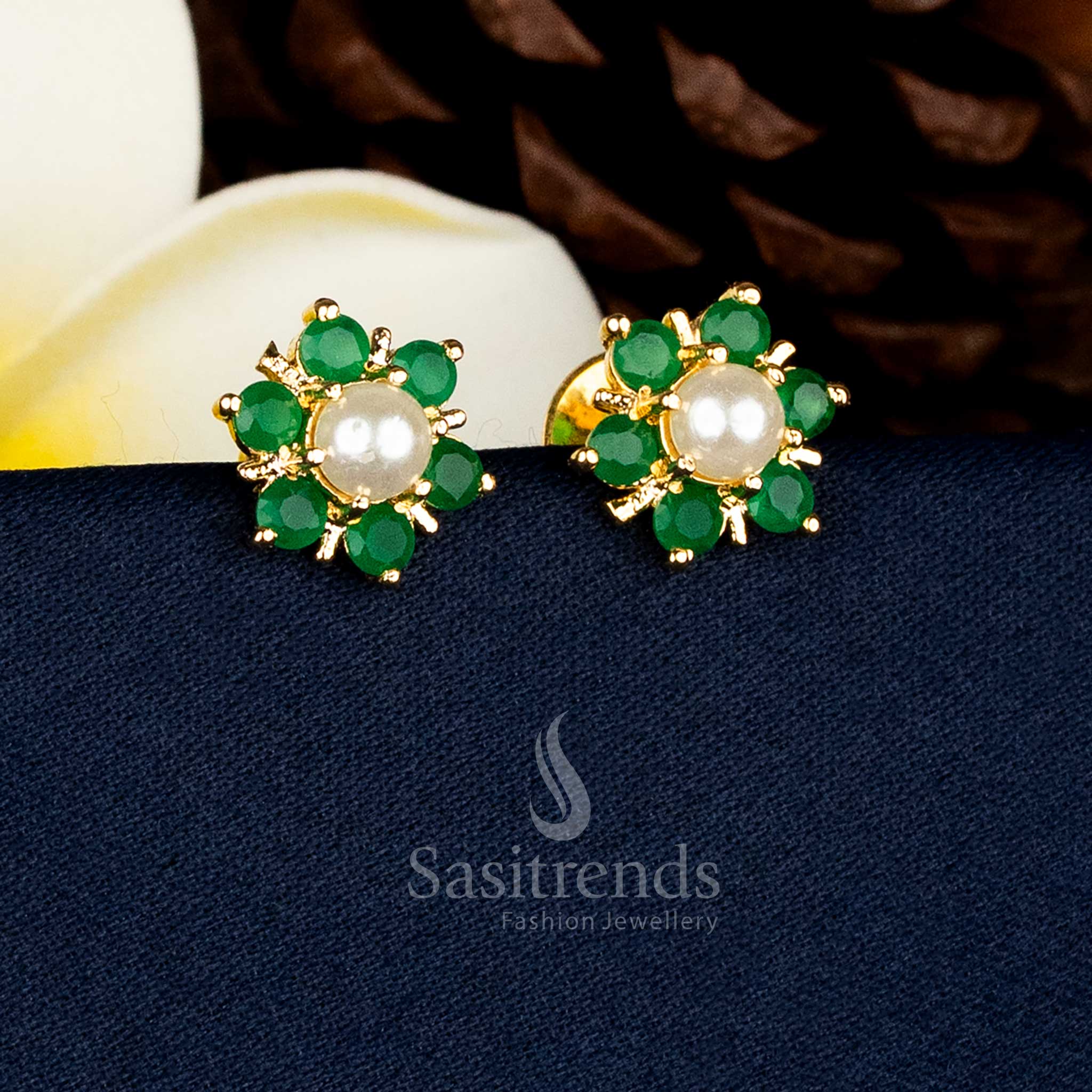 Graceful 24K Micro Gold Plated Floral Pearl Centre AD Stone Stud Earrings – Traditional Premium Look - Image 2