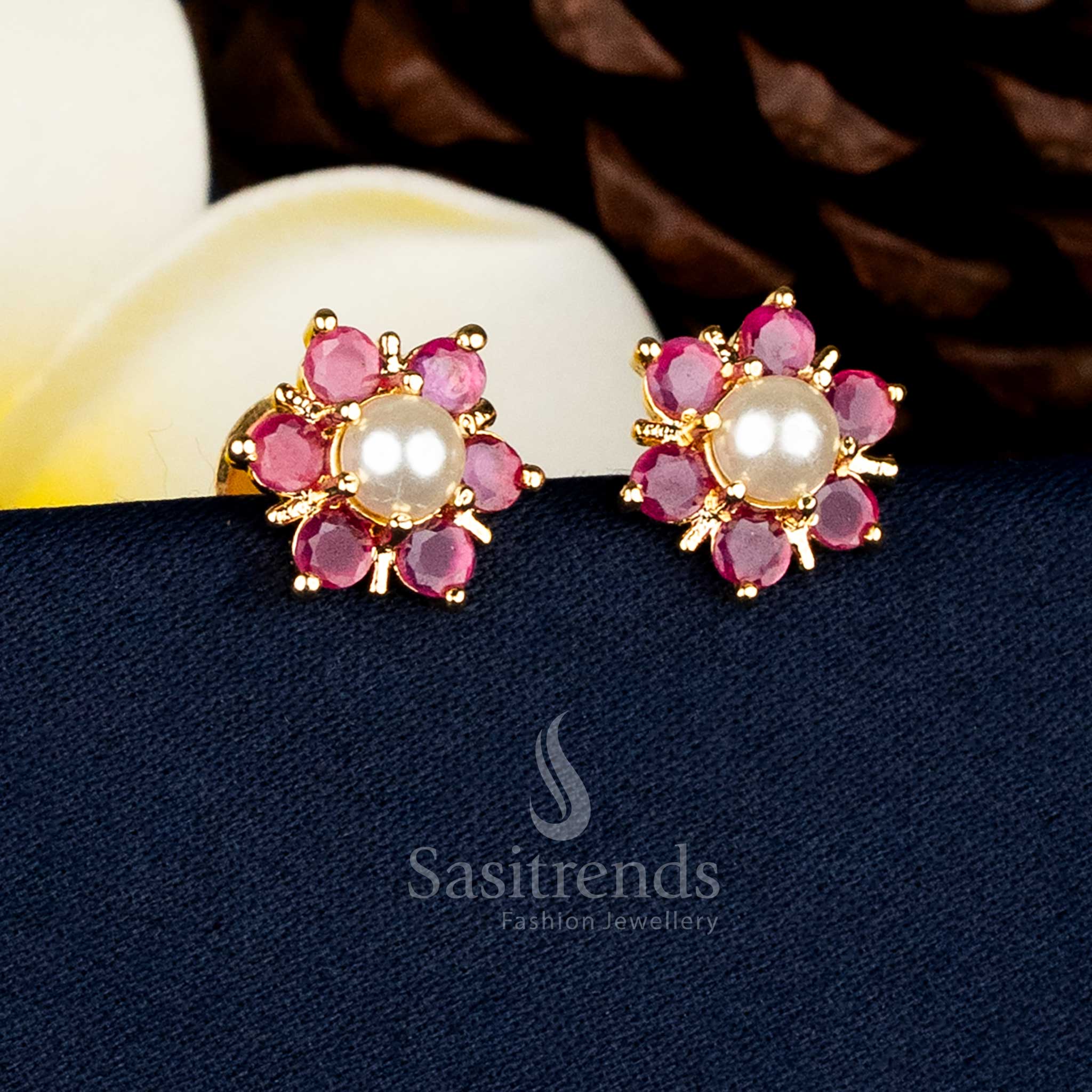 Graceful 24K Micro Gold Plated Floral Pearl Centre AD Stone Stud Earrings – Traditional Premium Look - Image 6