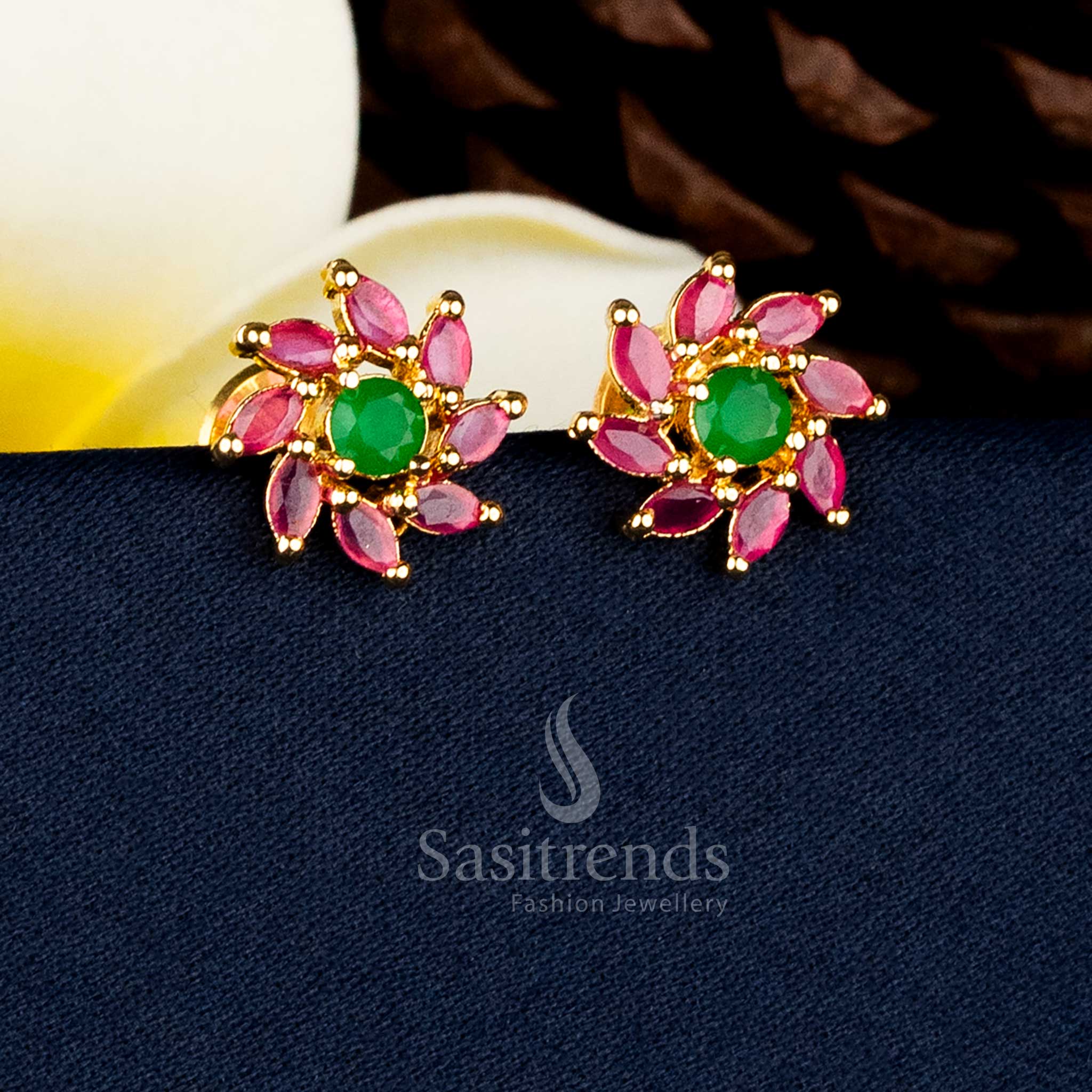 Festive Wear One Gram Micro Gold Plated Petal Cluster Pearl Centre AD Stone Stud Earrings - Image 3