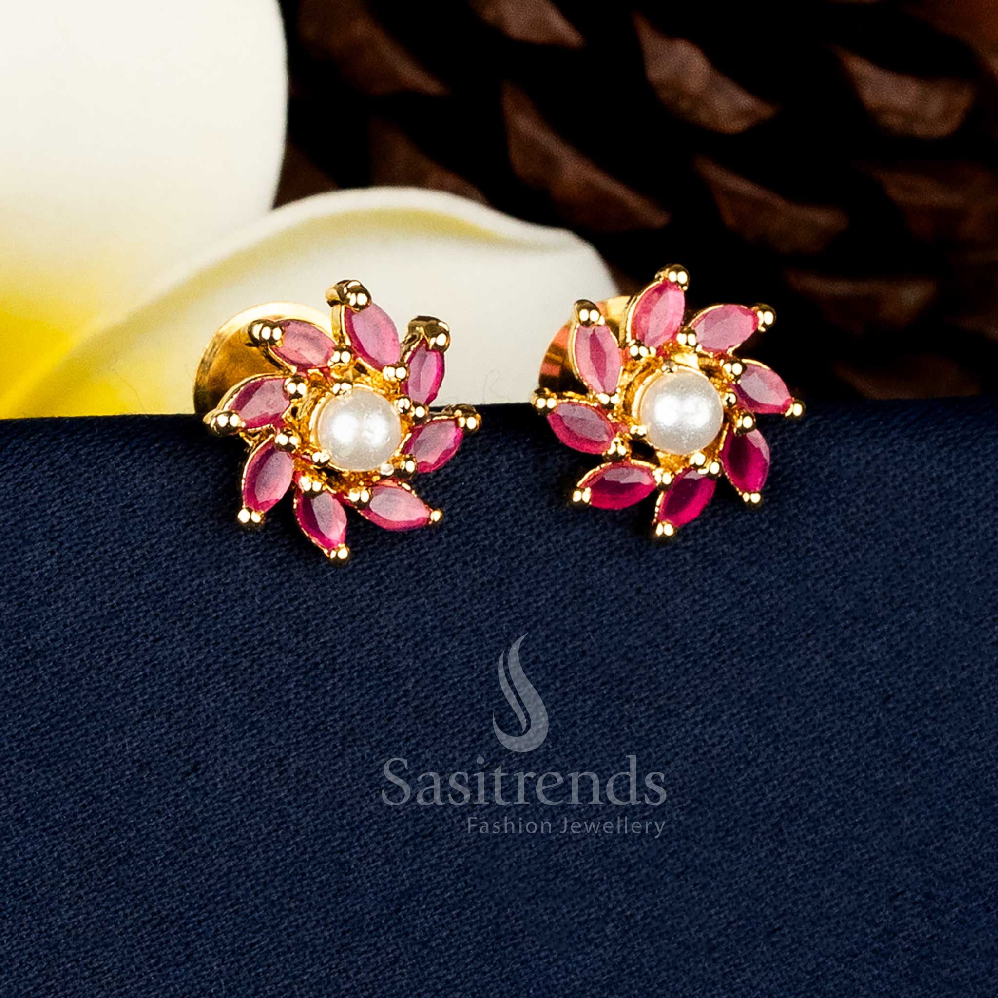 Festive Wear One Gram Micro Gold Plated Petal Cluster Pearl Centre AD Stone Stud Earrings - Image 5