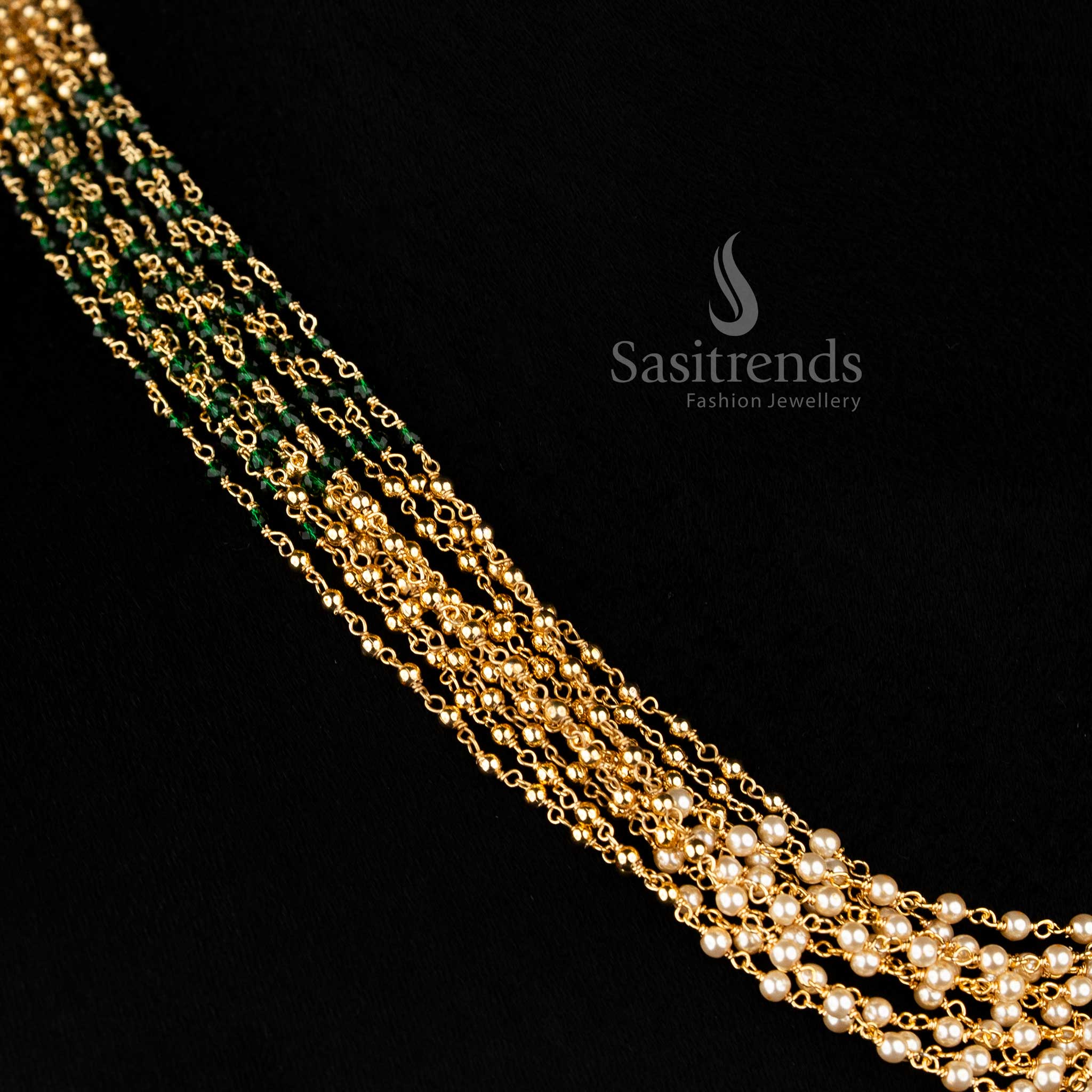 Traditional Elegant 24K Gold Plated Multi-Layer Pearl & Green Bead Mala Necklace for Festive Wear - Image 3