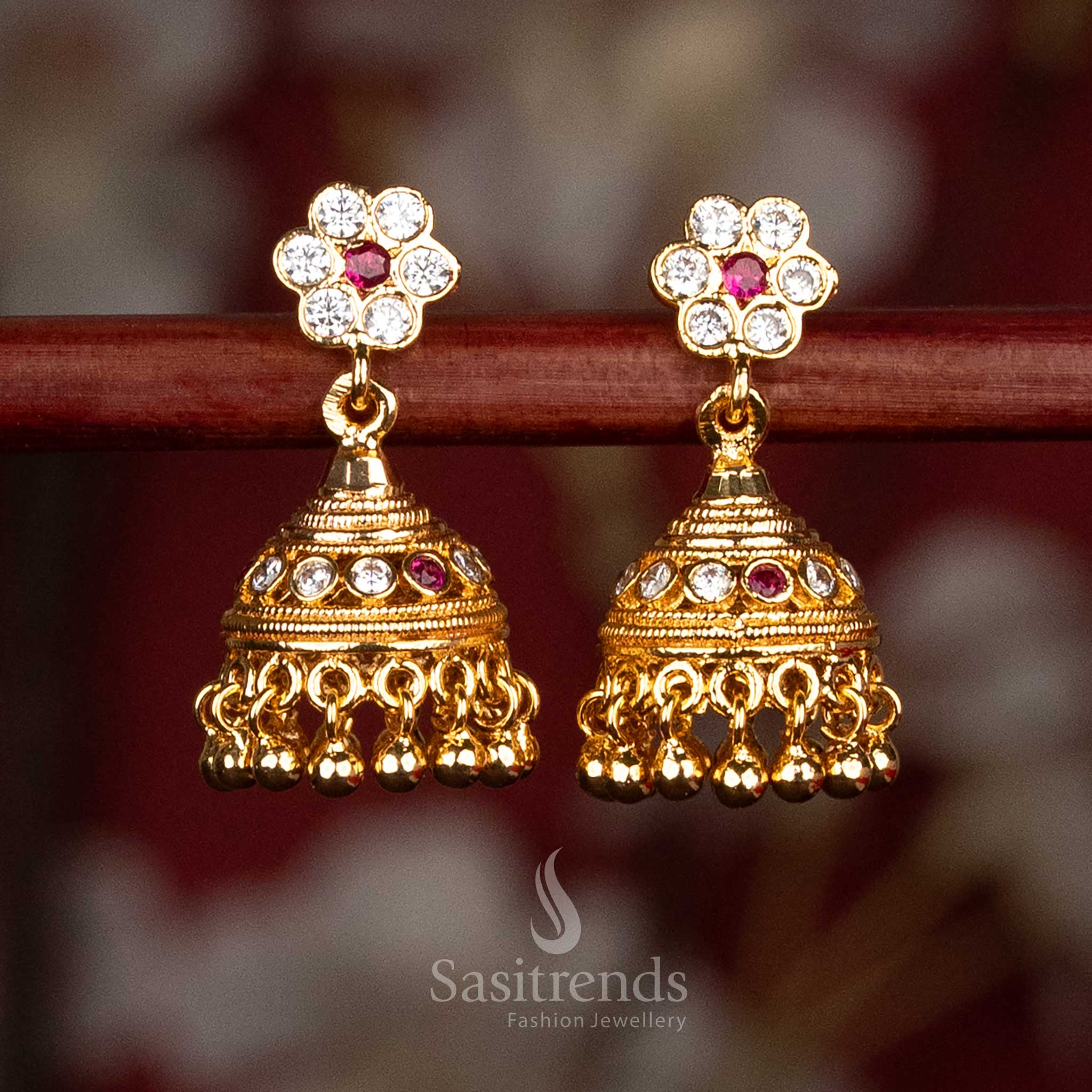 Traditional Impon Addigai Micro Gold Plated AD Stone Floral Stud Jhumka Earrings | Guaranteed