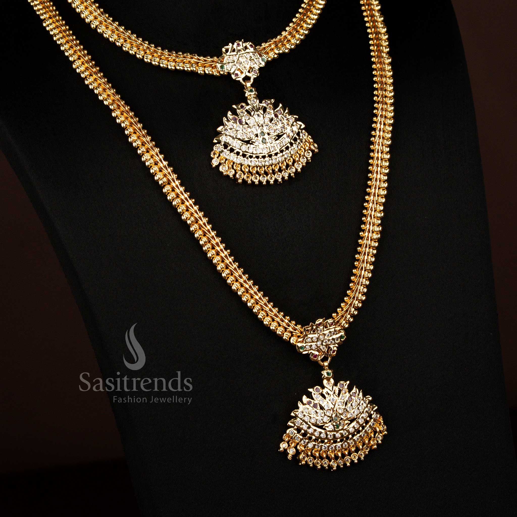 Traditional Impon Addigai Guaranteed Micro Gold Plated Dual Swan Short & Long Combo Set for Weddings - Image 2